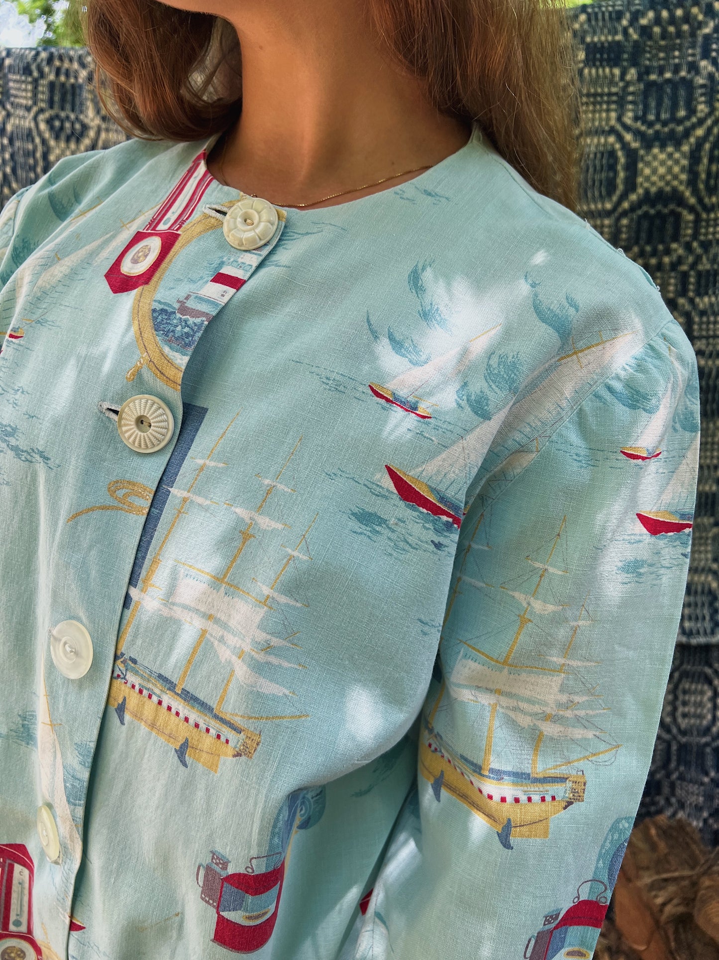 1930s Boxy Cotton Top With Nautical Scene