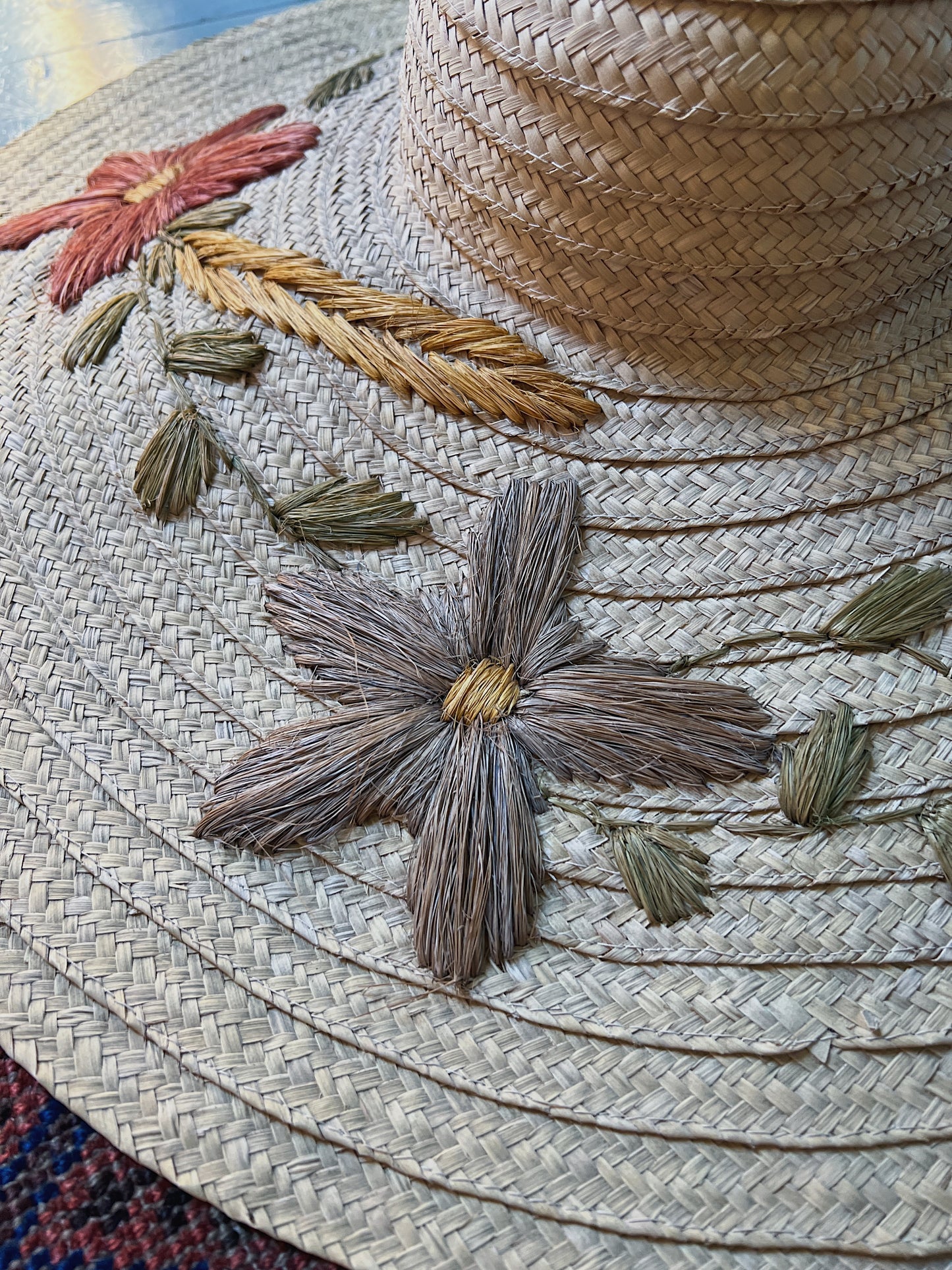 Huge 1940s Straw Floppy Sun Hat With Floral Embroidery