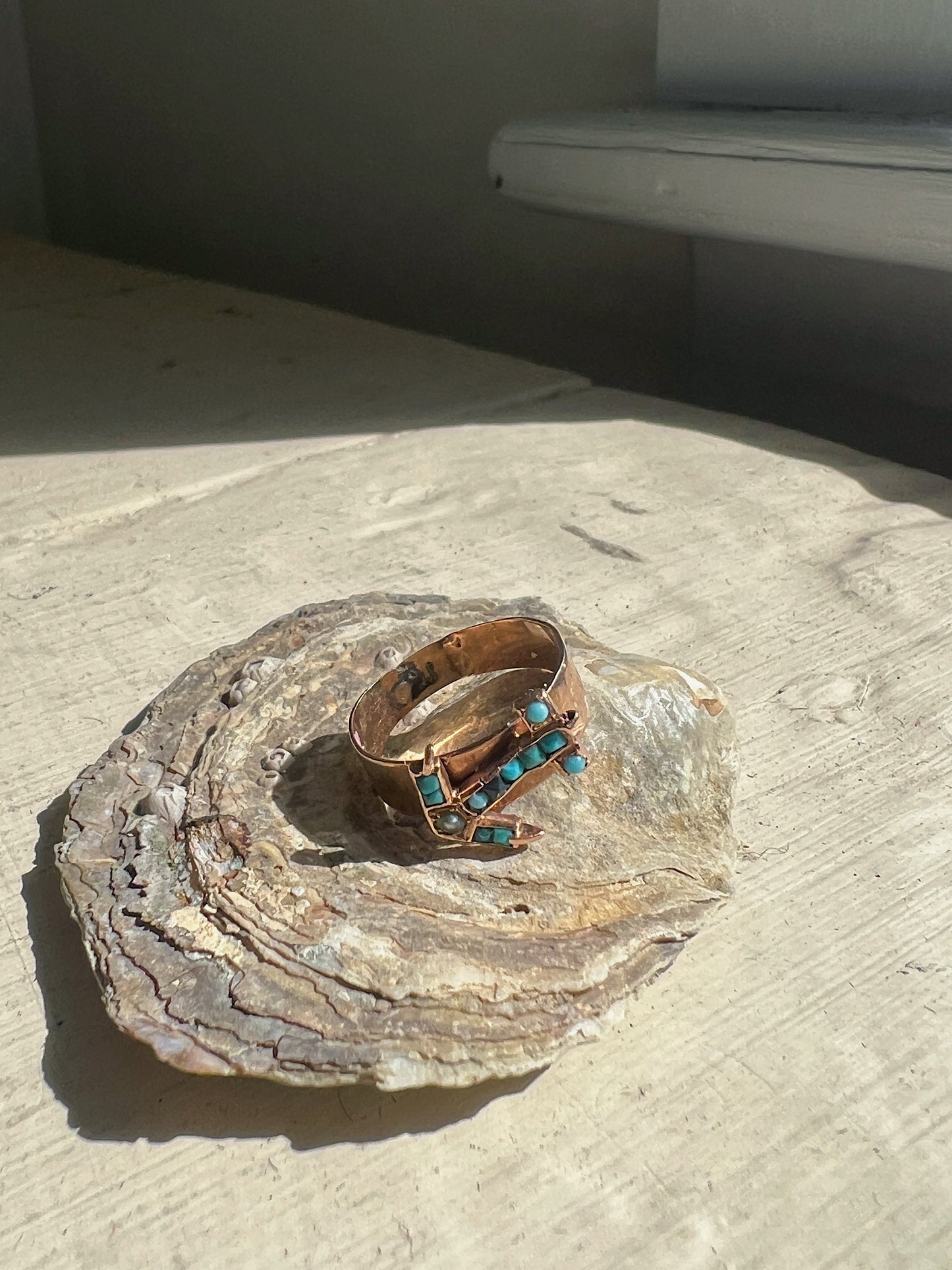 1800s Persian 18k Turquoise & Seed Pearl Ring With Anchor