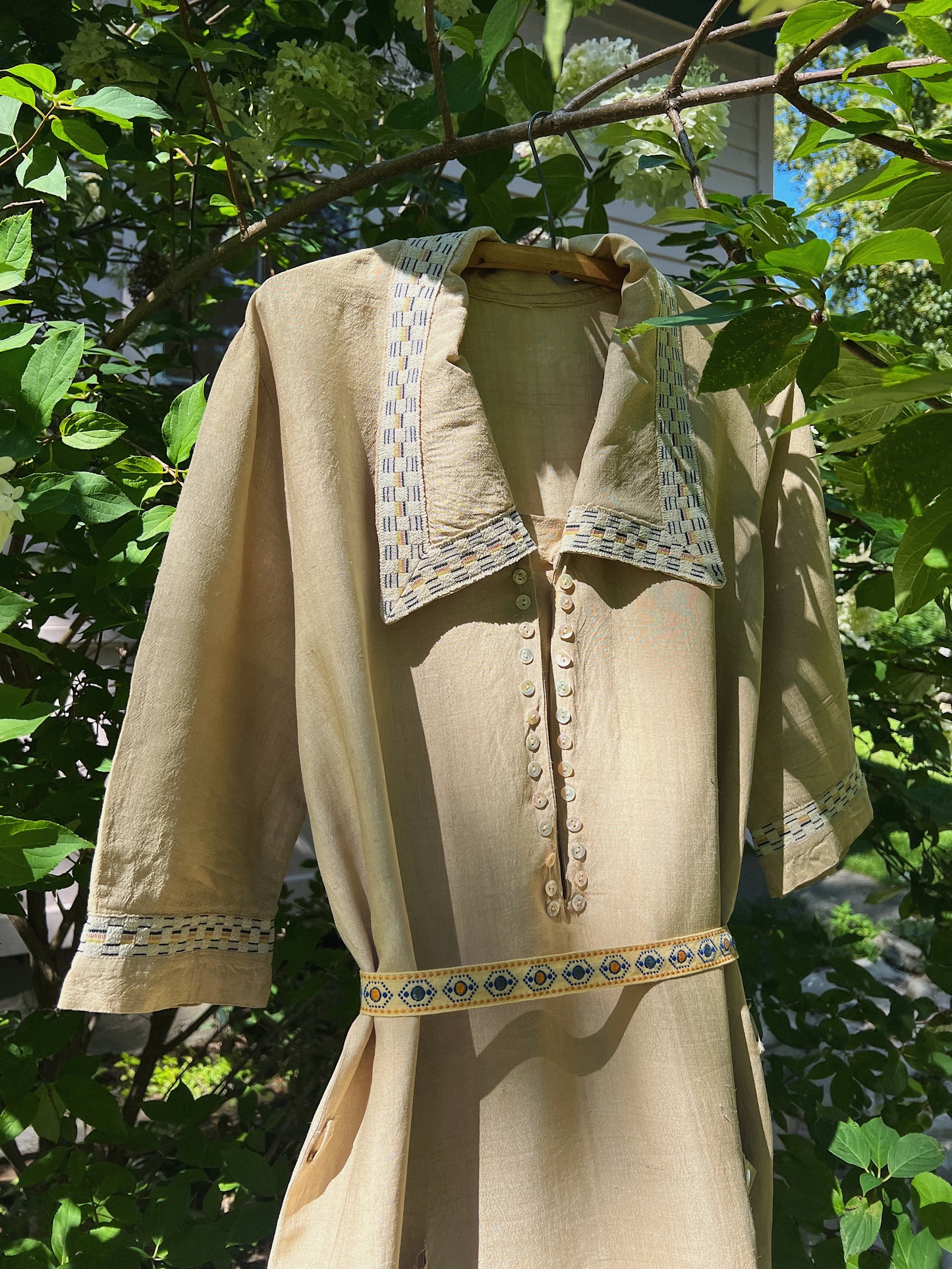 1920s Raw Silk Dress With Woven Details