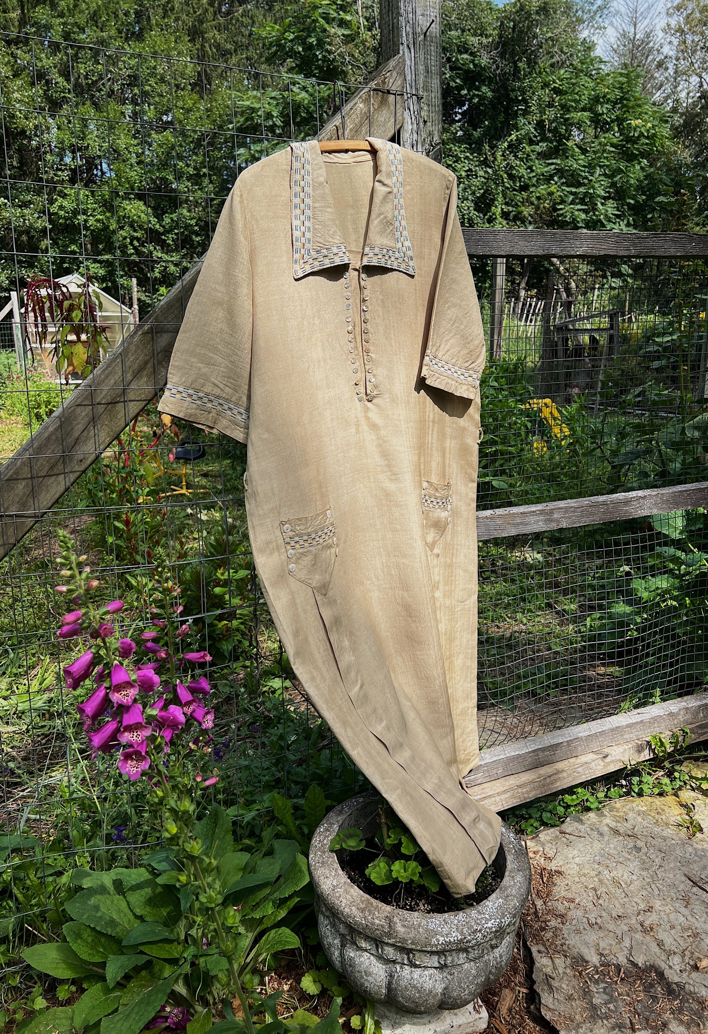 1920s Raw Silk Dress With Woven Details