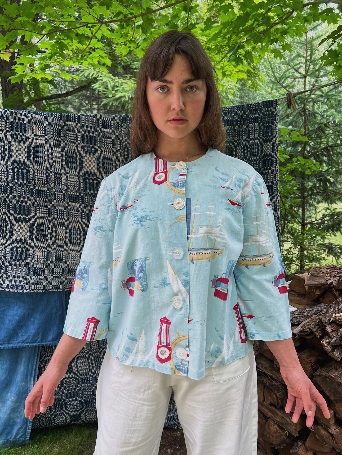 1930s Boxy Cotton Top With Nautical Scene