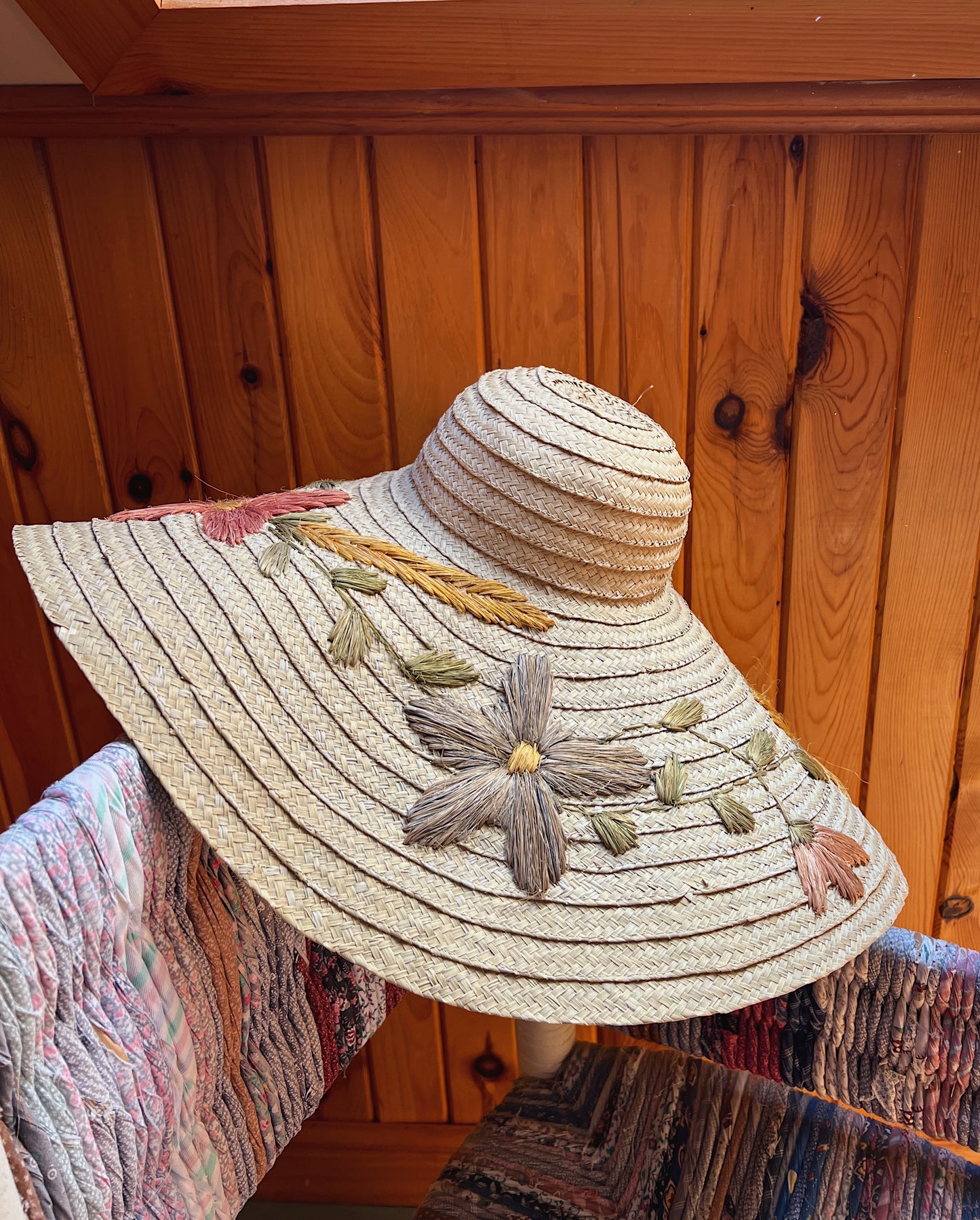 Huge 1940s Straw Floppy Sun Hat With Floral Embroidery