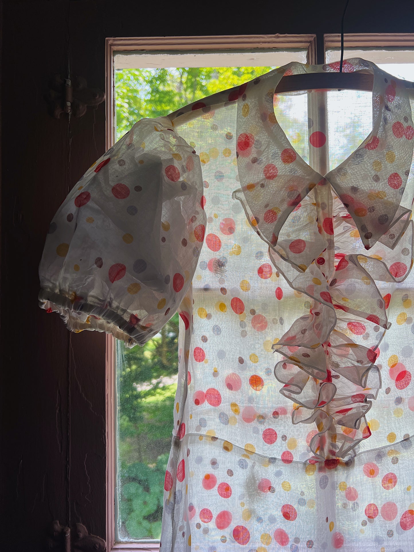 1930s Sheer Organza Full-Length Day Dress With Super Puffed Sleeves & Ruffles