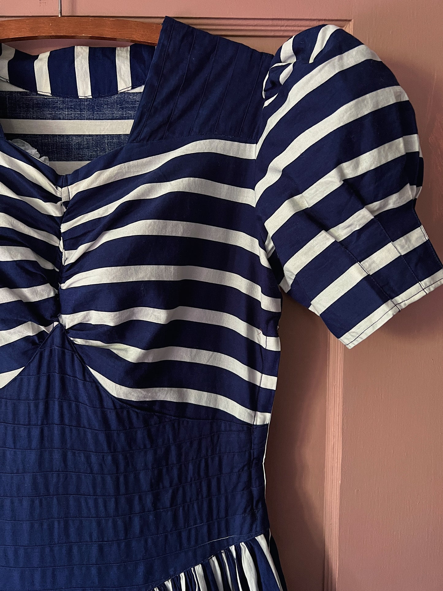30s/40s Cotton Striped Navy & White Dress With Puff Sleeves & Pintucks