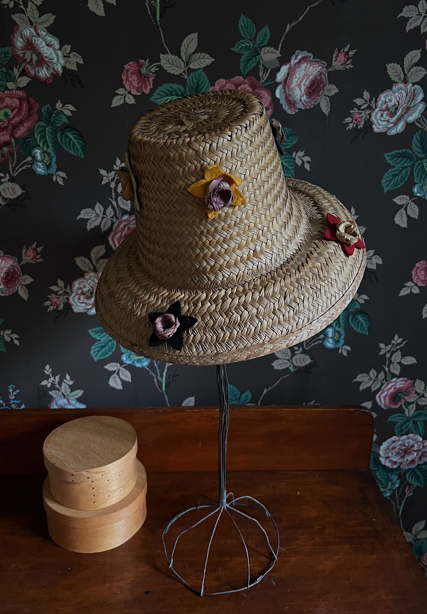 Antique Straw Hat With Felt Star Details