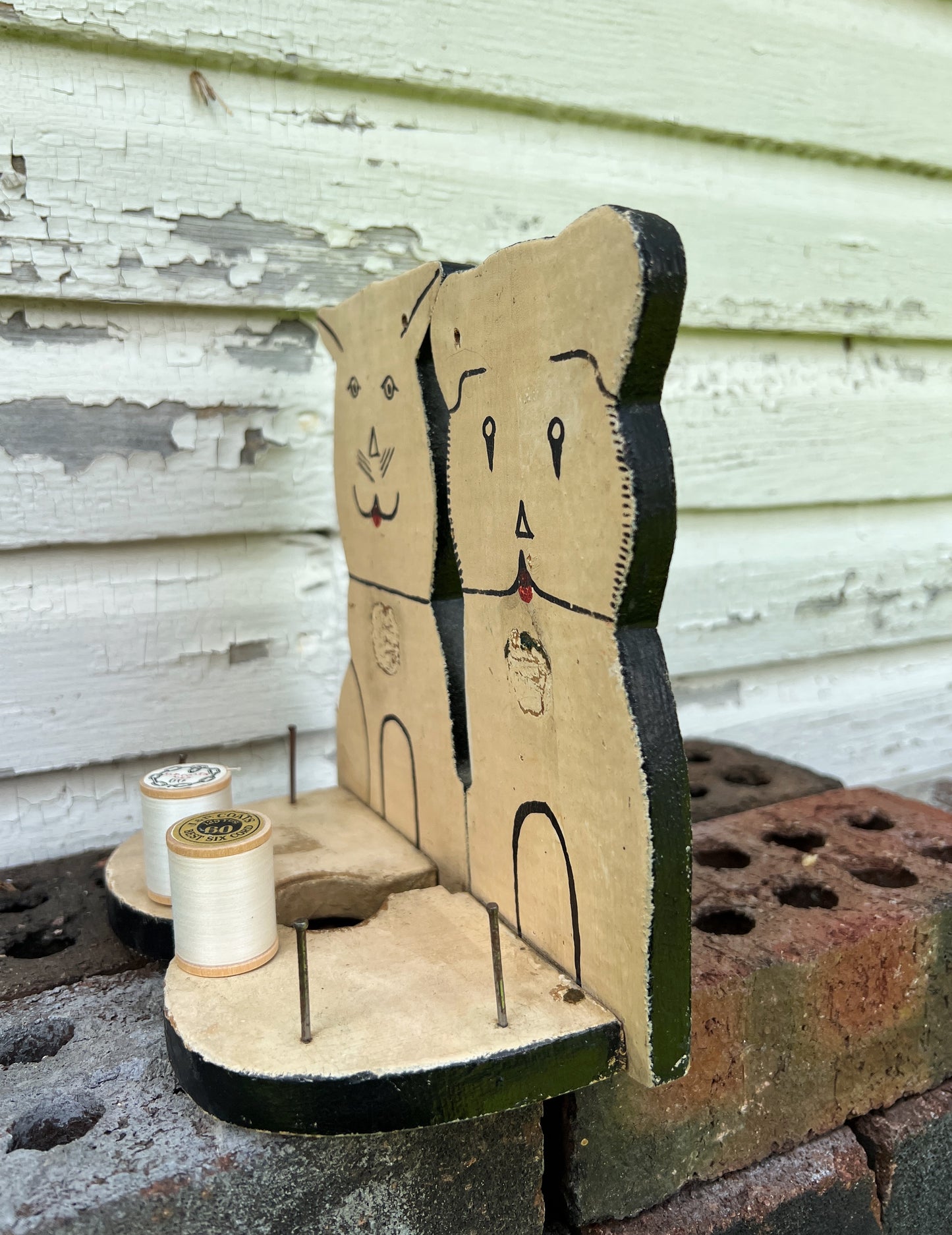 Folk Art Wood Puppy & Kitty Thread Spool Holder