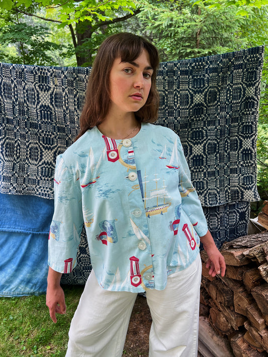 1930s Boxy Cotton Top With Nautical Scene