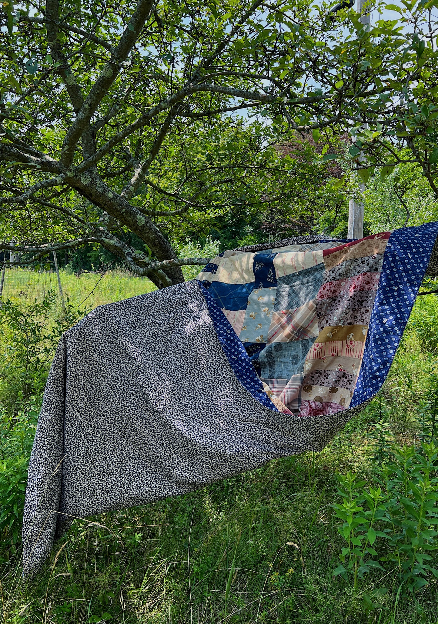 Antique Lightweight Hand-Tied Quilt With Lots Of Indigo Calico