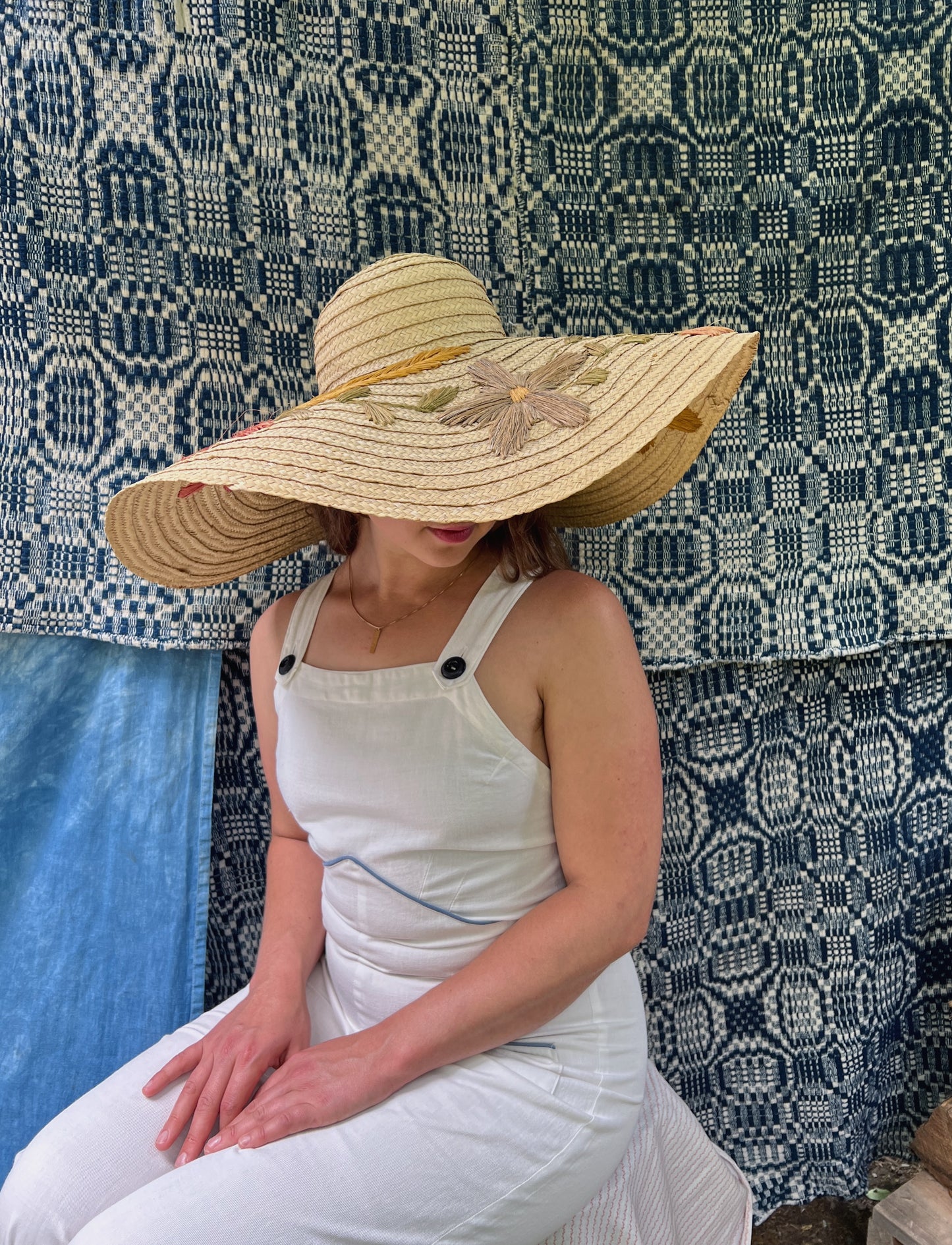 Huge 1940s Straw Floppy Sun Hat With Floral Embroidery
