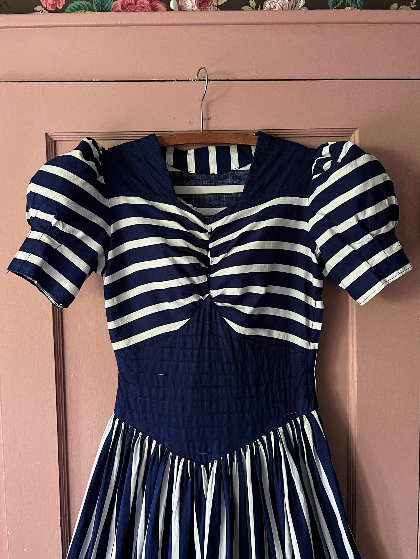 30s/40s Cotton Striped Navy & White Dress With Puff Sleeves & Pintucks
