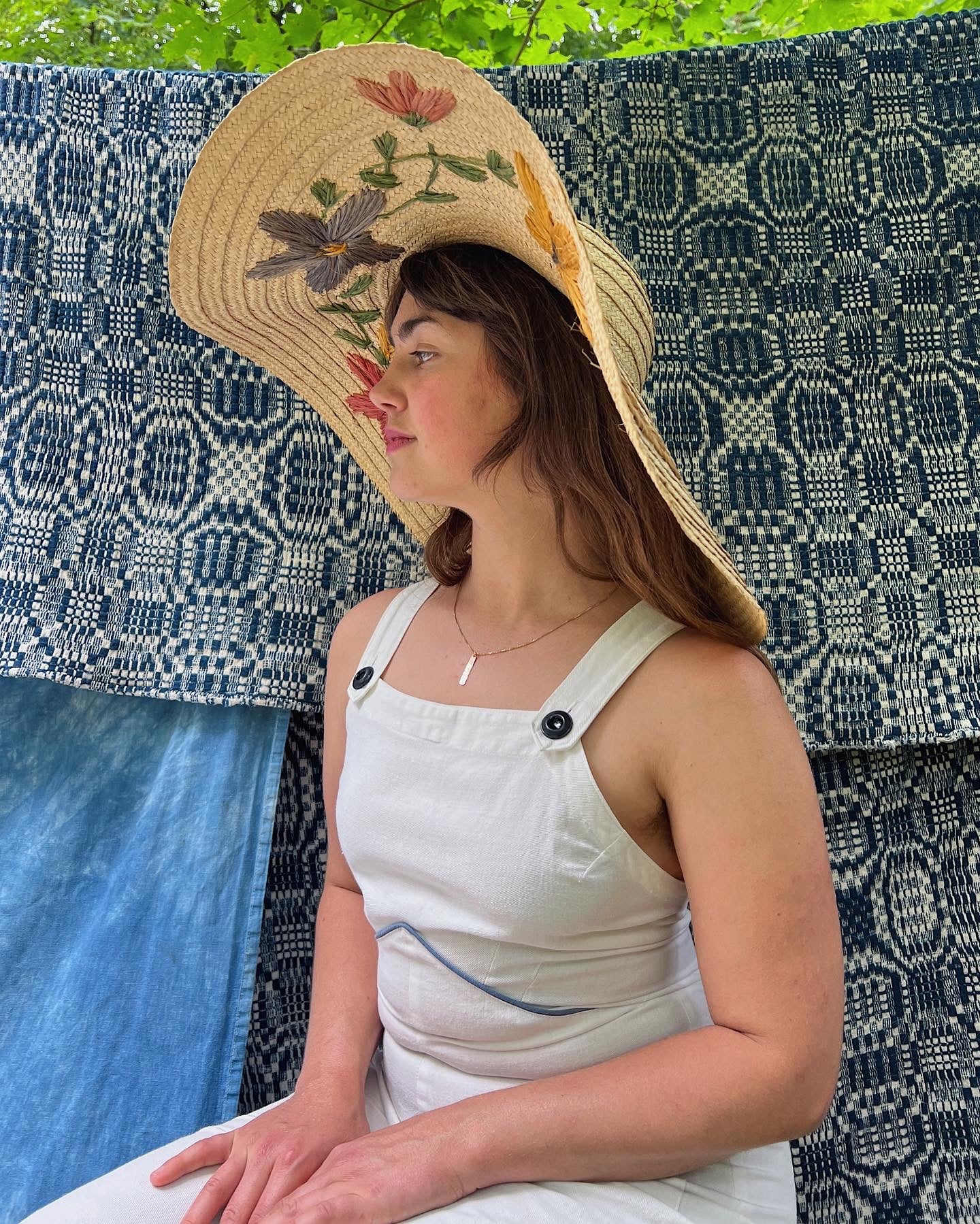 Huge 1940s Straw Floppy Sun Hat With Floral Embroidery
