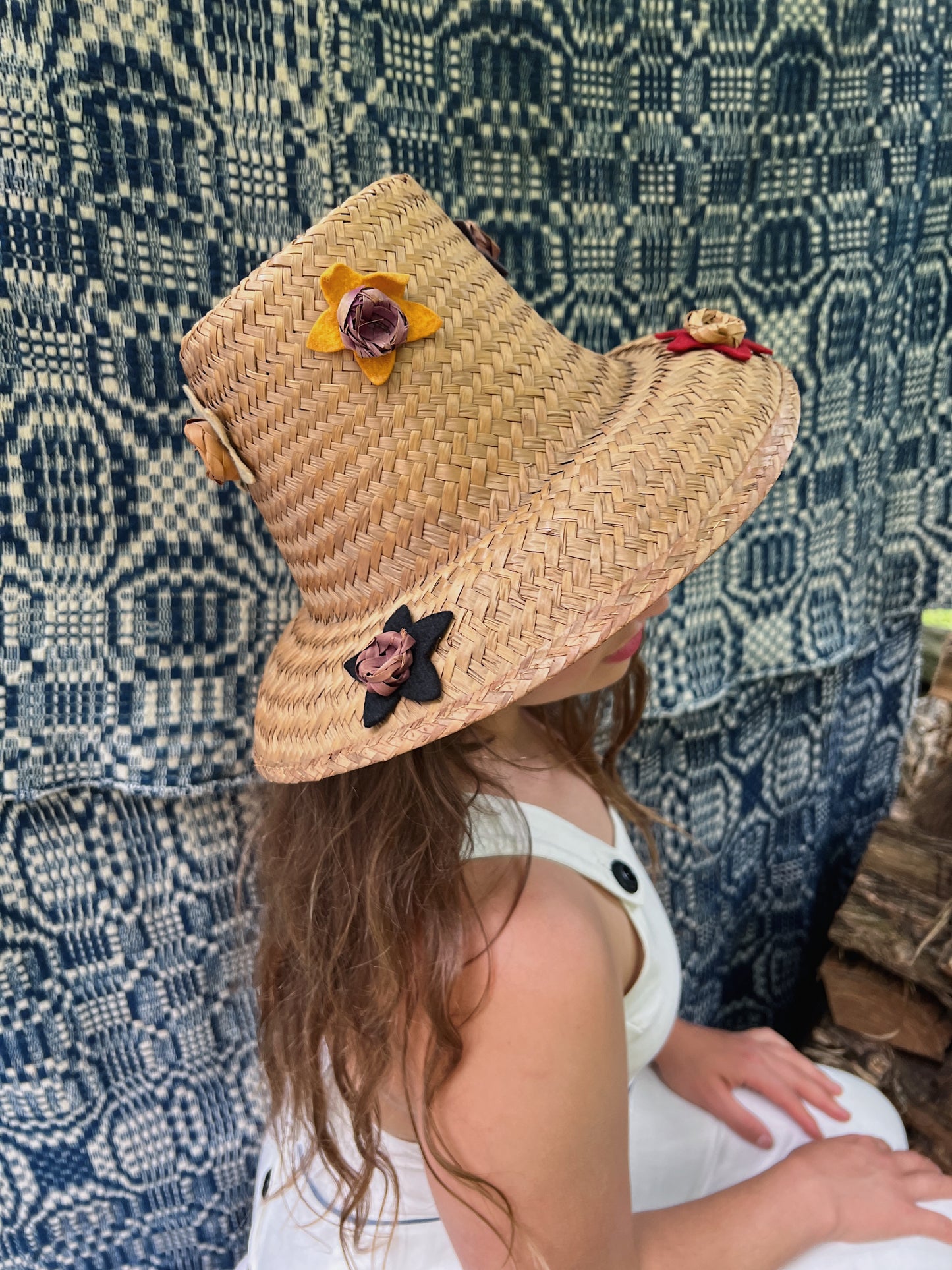 Antique Straw Hat With Felt Star Details