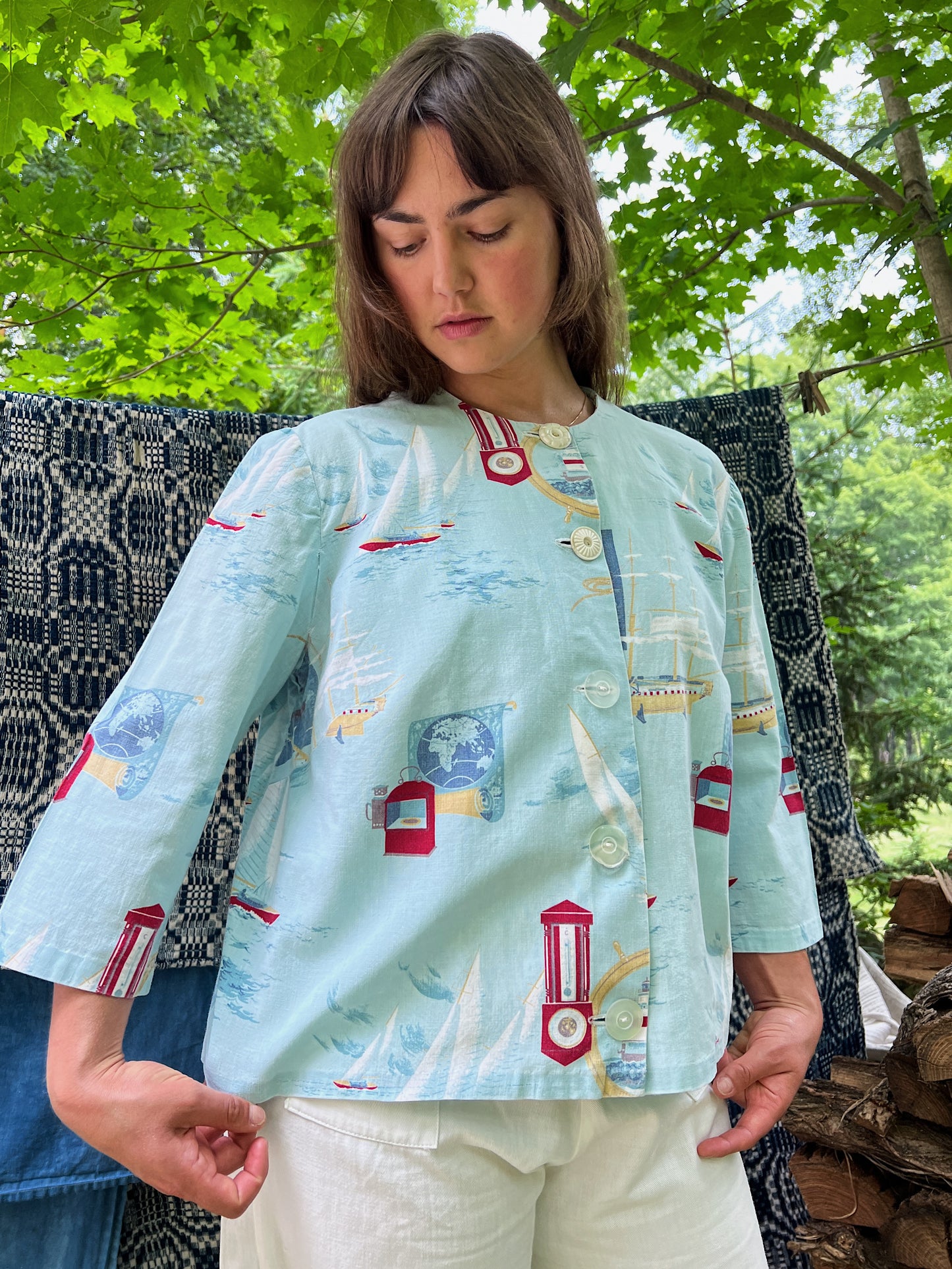 1930s Boxy Cotton Top With Nautical Scene