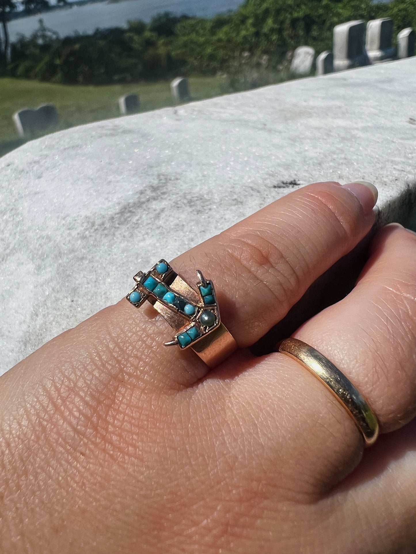 1800s Persian 18k Turquoise & Seed Pearl Ring With Anchor