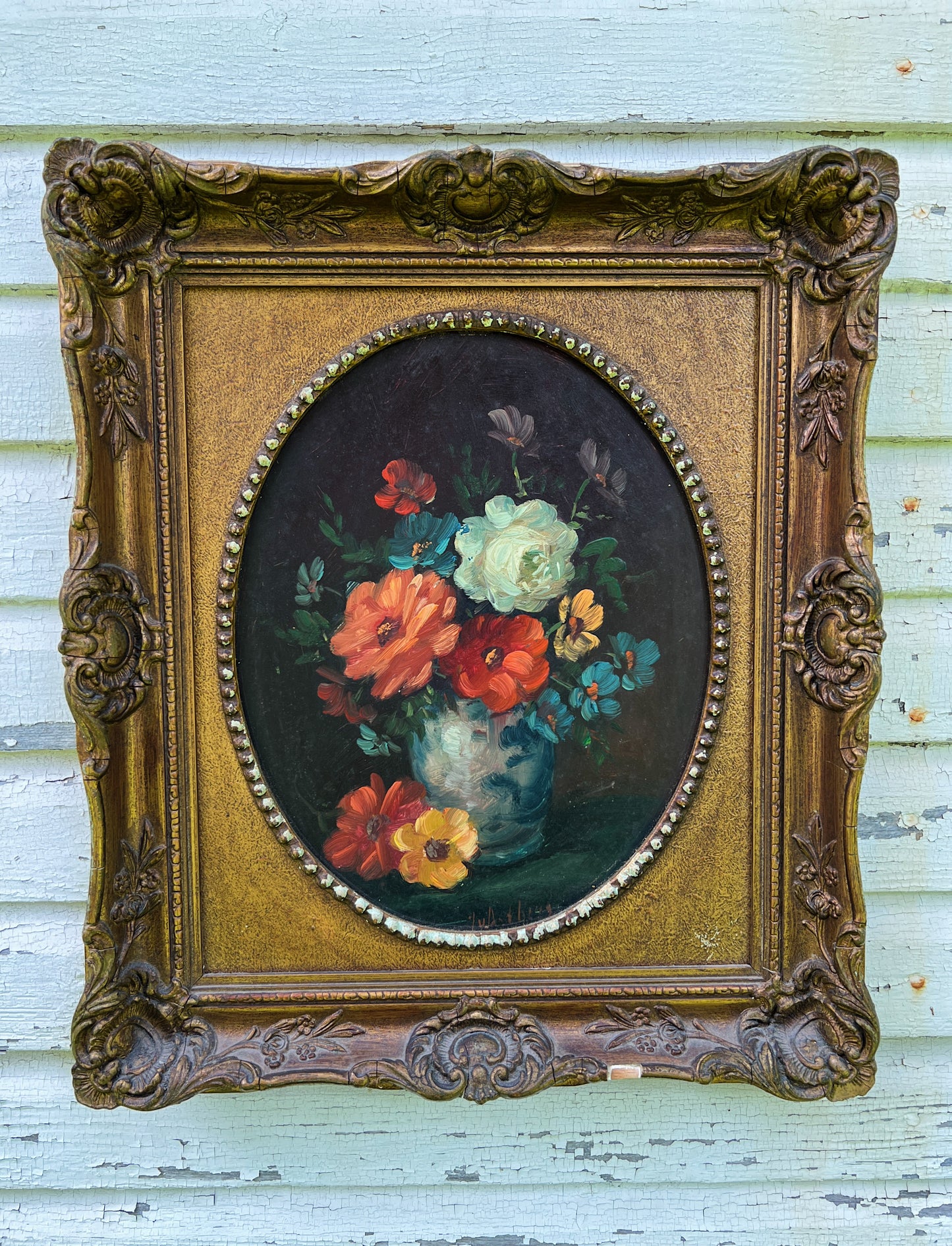 Victorian Era Floral Still Life Oil Painting In Custom Gilt Frame