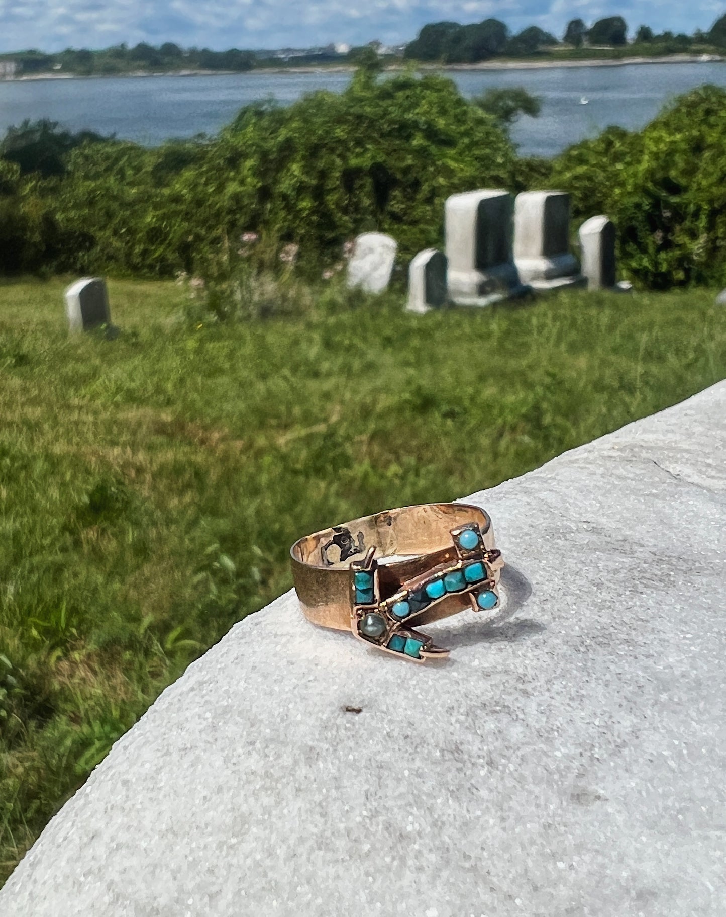 1800s Persian 18k Turquoise & Seed Pearl Ring With Anchor