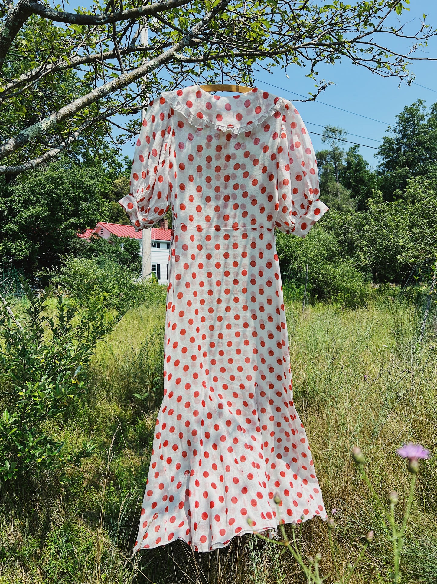 1930s Full Length Sheer Organza Polka Dot Day Dress With Super Puff Sleeves