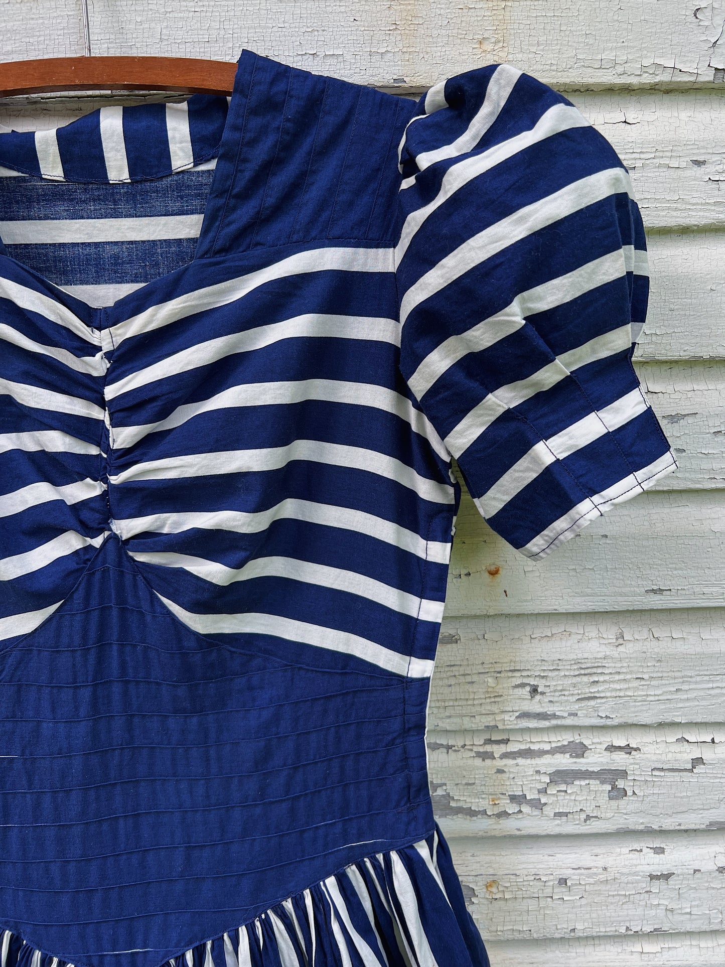 30s/40s Cotton Striped Navy & White Dress With Puff Sleeves & Pintucks