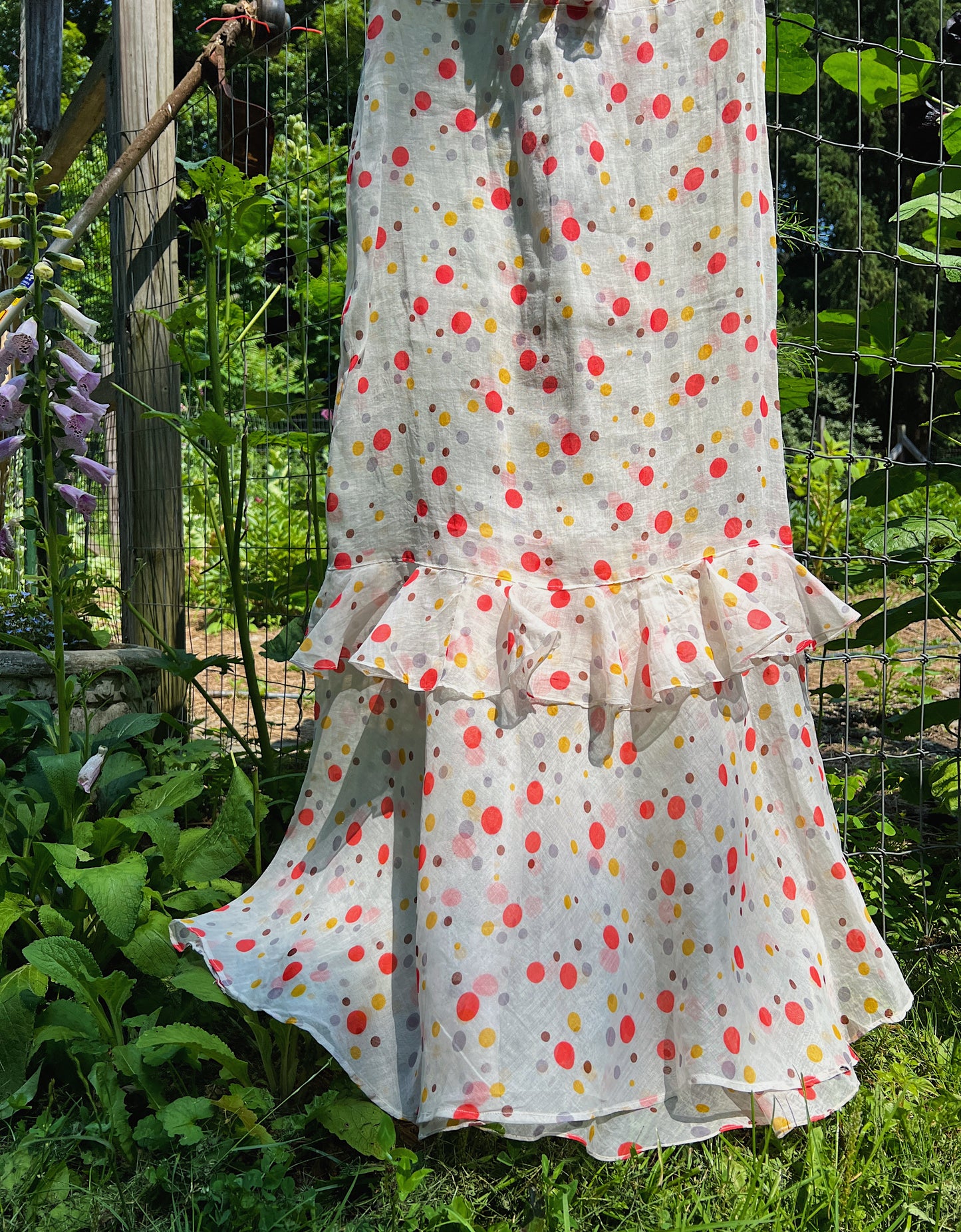 1930s Sheer Organza Full-Length Day Dress With Super Puffed Sleeves & Ruffles