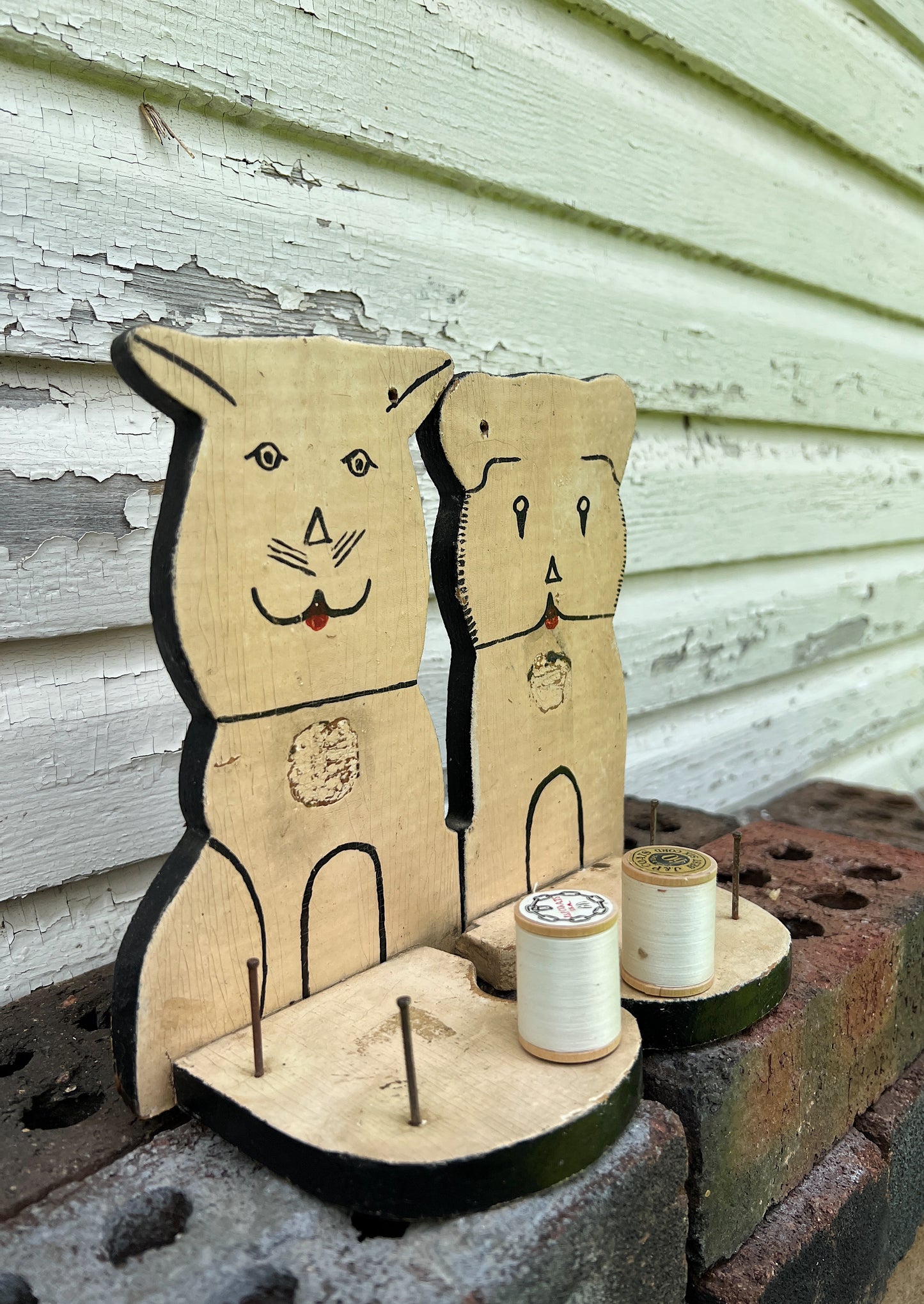 Folk Art Wood Puppy & Kitty Thread Spool Holder