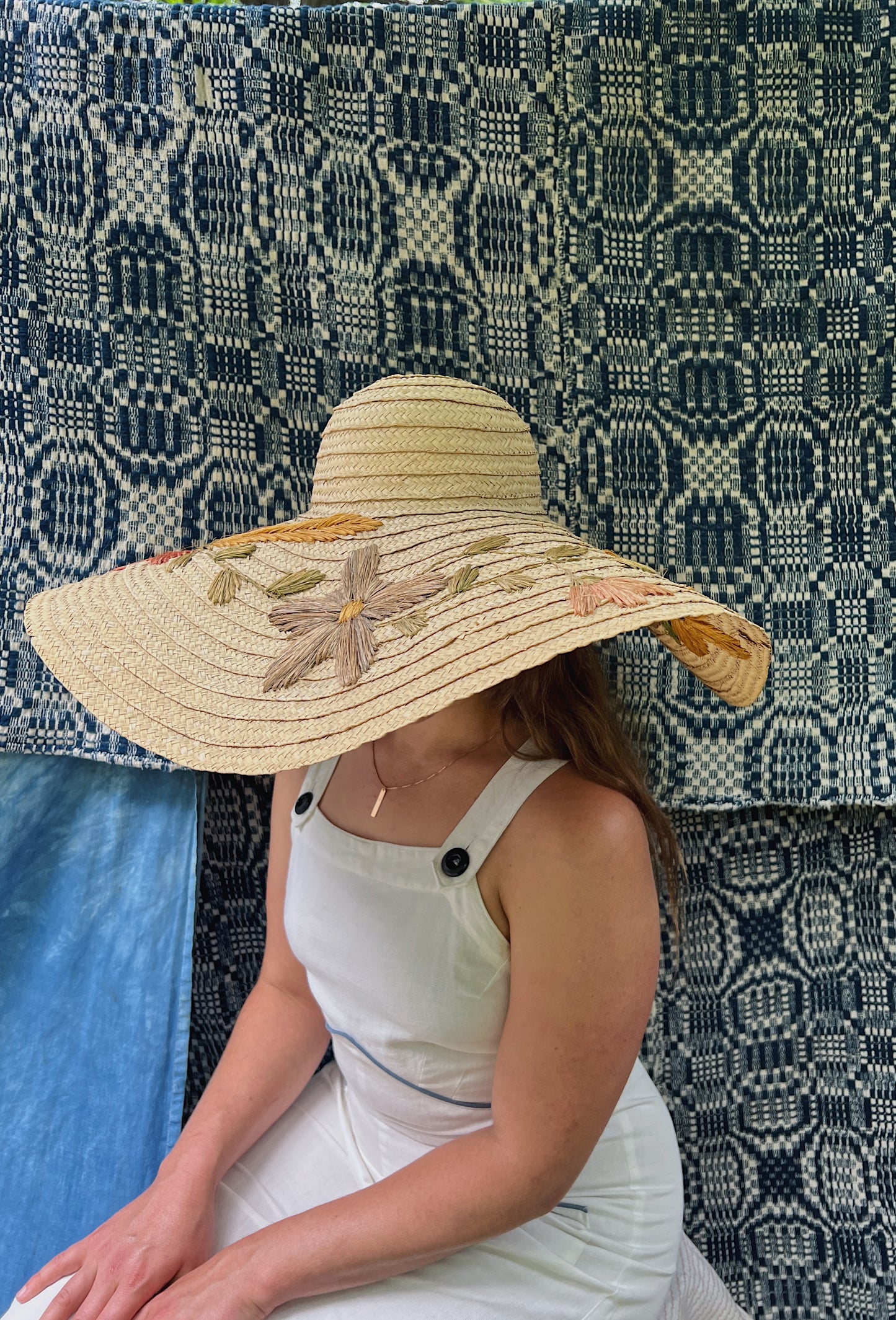 Huge 1940s Straw Floppy Sun Hat With Floral Embroidery