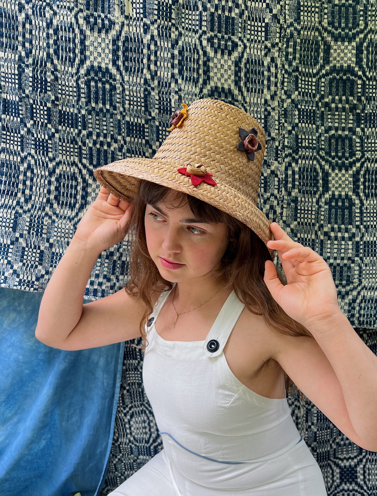 Antique Straw Hat With Felt Star Details