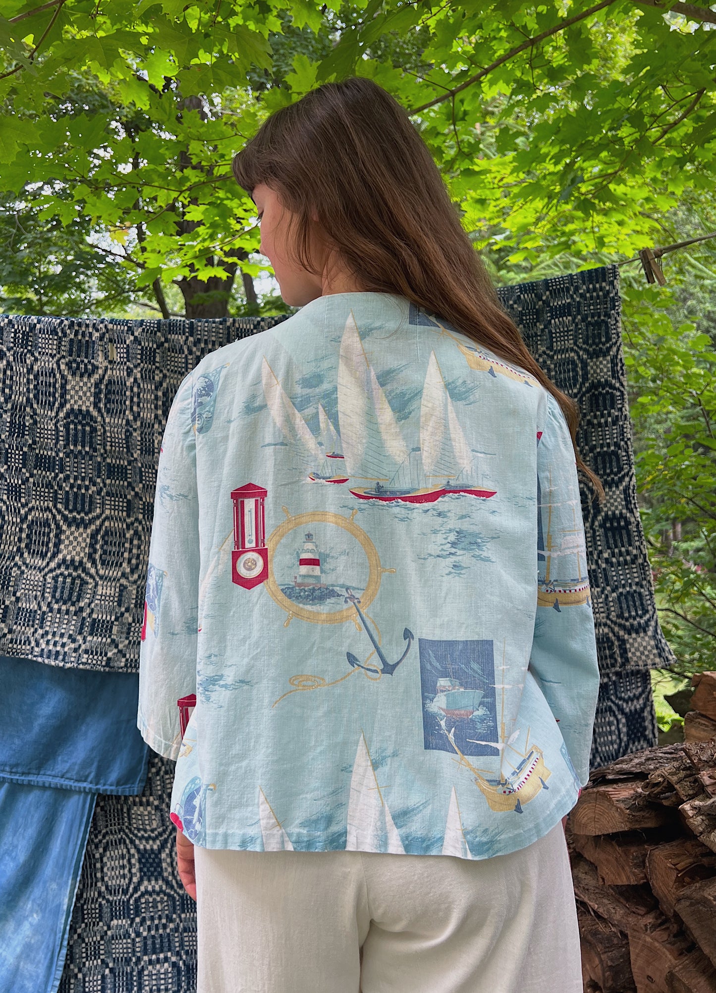1930s Boxy Cotton Top With Nautical Scene
