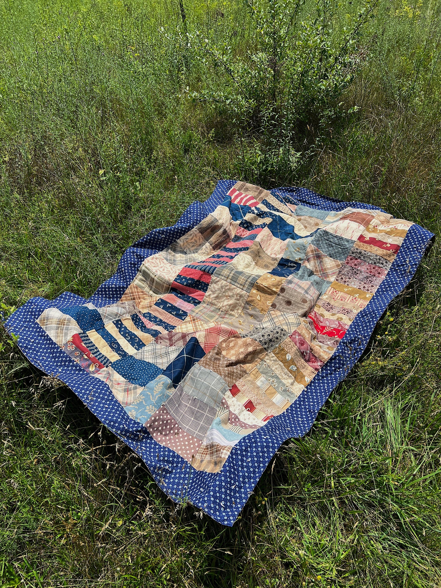 Antique Lightweight Hand-Tied Quilt With Lots Of Indigo Calico