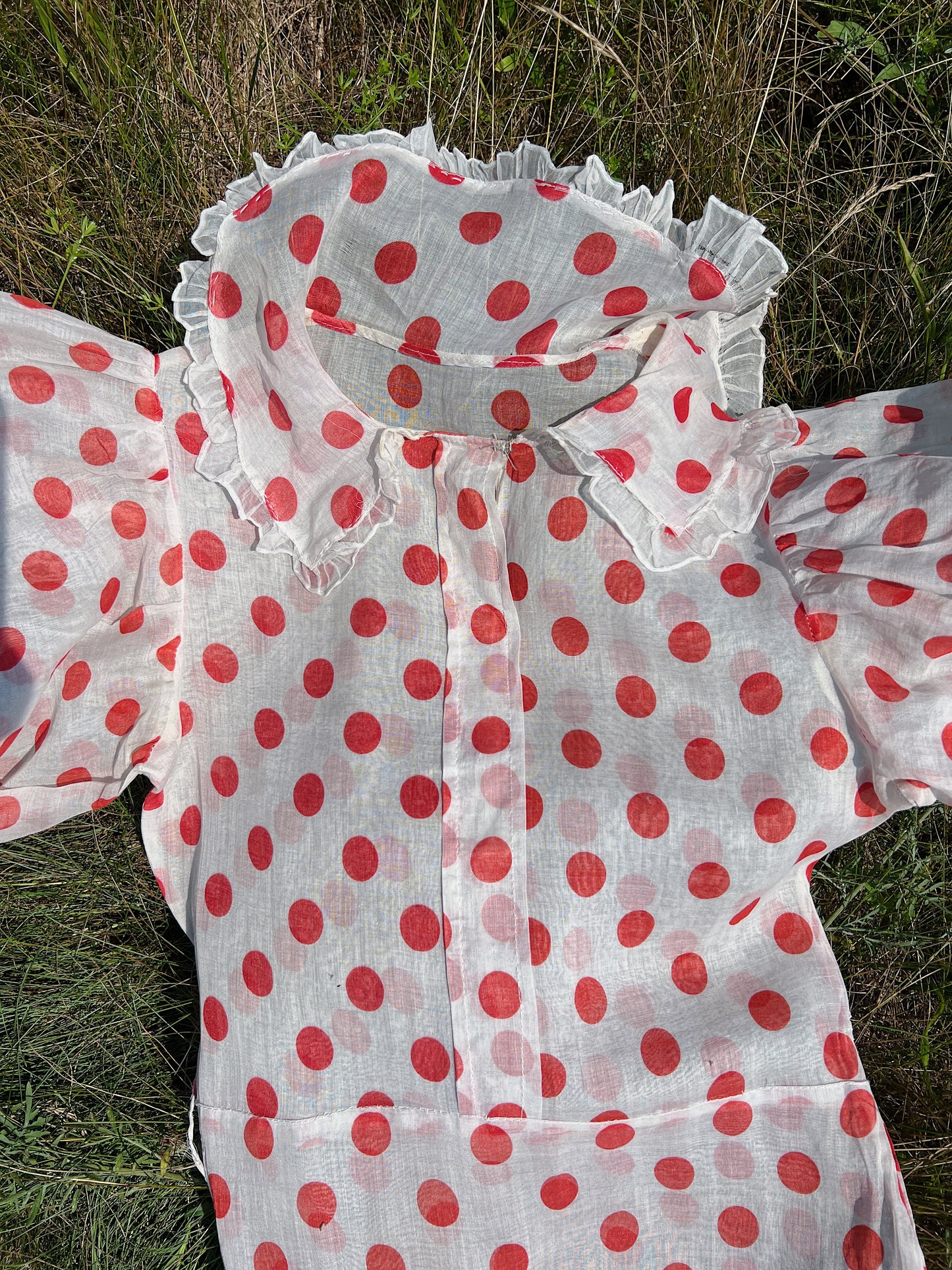1930s Full Length Sheer Organza Polka Dot Day Dress With Super Puff Sleeves