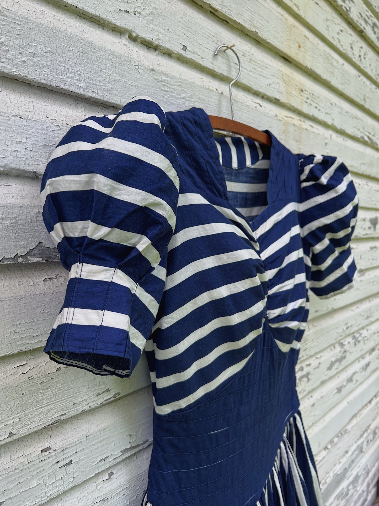30s/40s Cotton Striped Navy & White Dress With Puff Sleeves & Pintucks