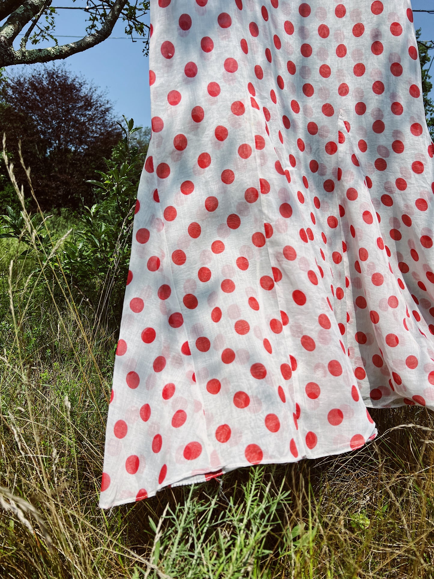 1930s Full Length Sheer Organza Polka Dot Day Dress With Super Puff Sleeves