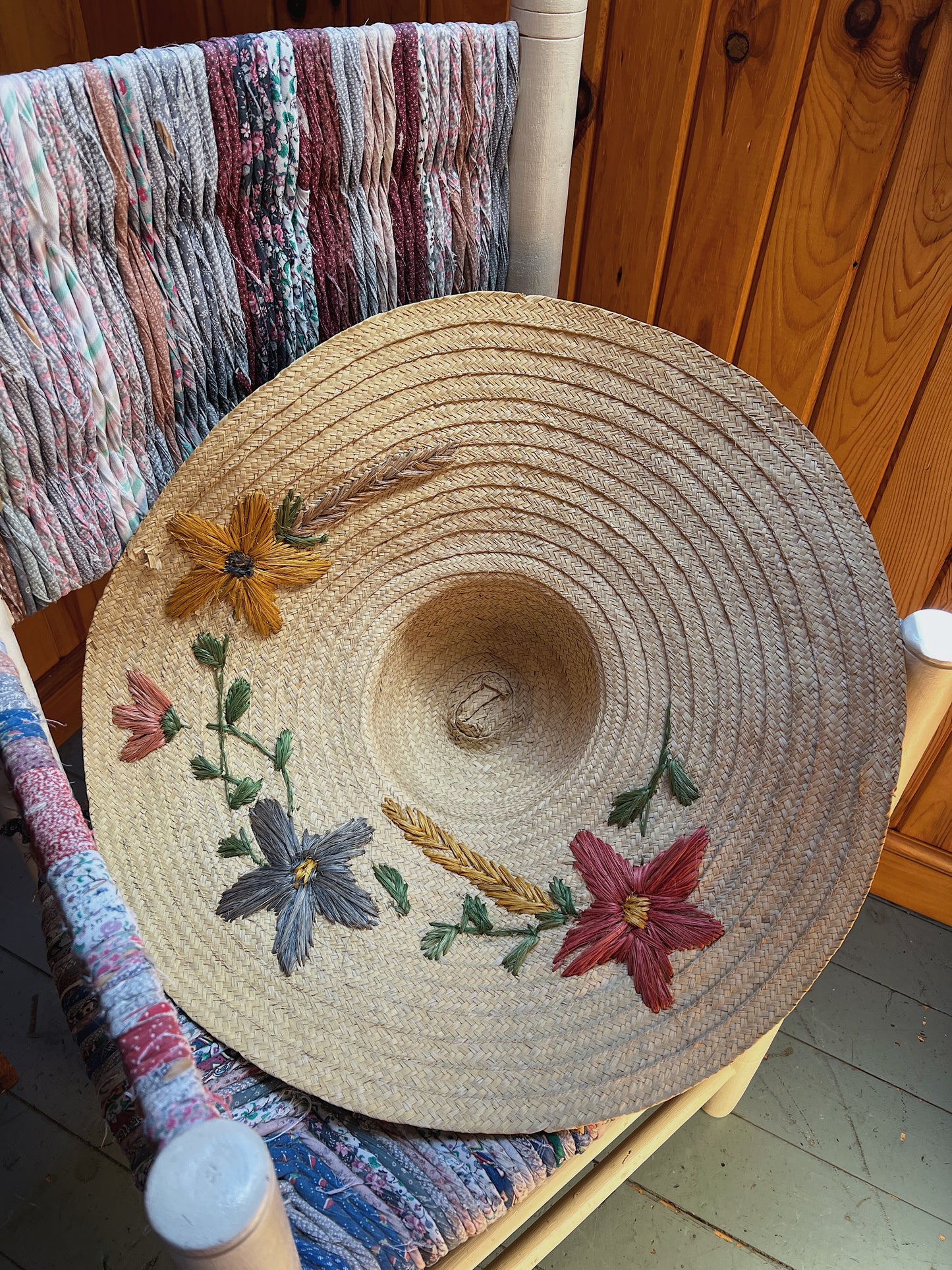 Huge 1940s Straw Floppy Sun Hat With Floral Embroidery