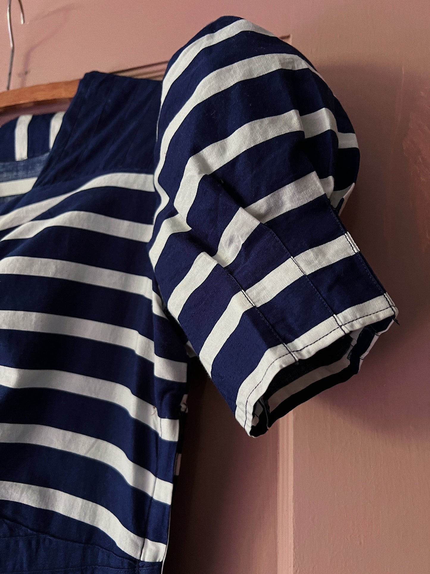 30s/40s Cotton Striped Navy & White Dress With Puff Sleeves & Pintucks
