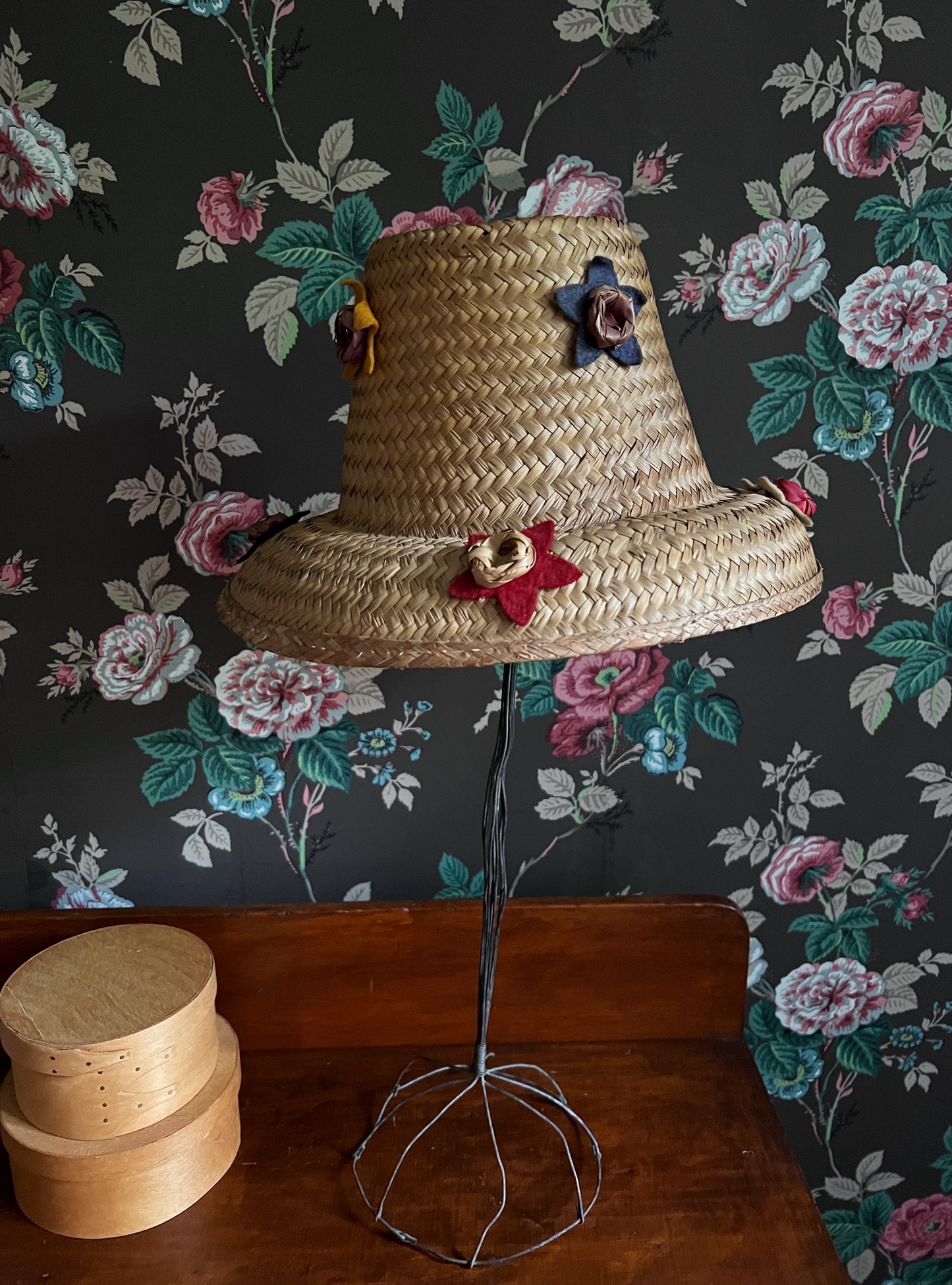 Antique Straw Hat With Felt Star Details