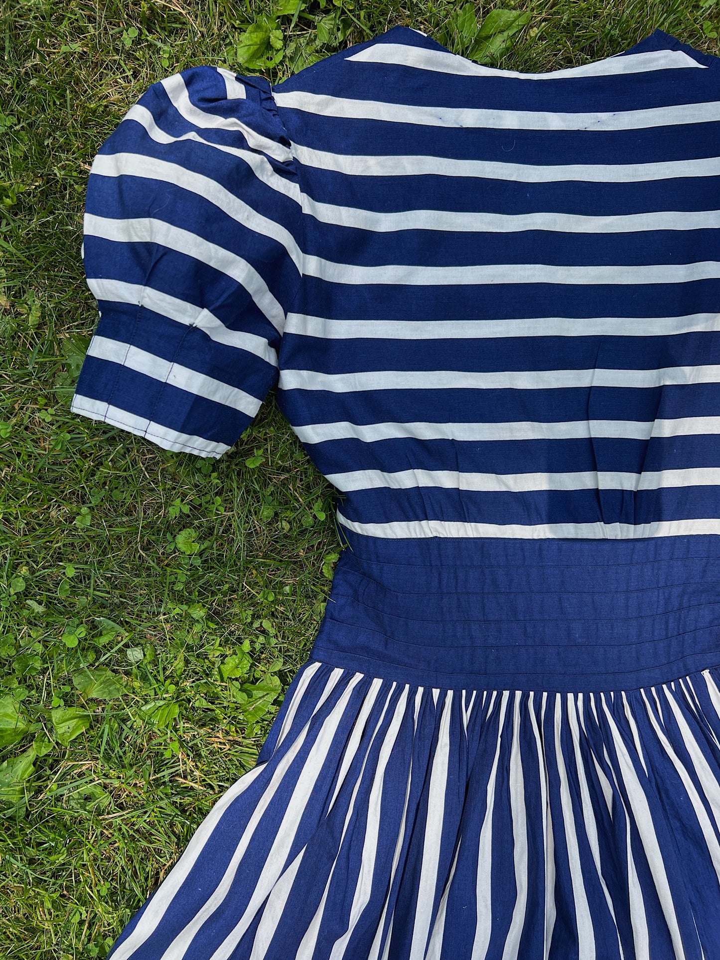 30s/40s Cotton Striped Navy & White Dress With Puff Sleeves & Pintucks