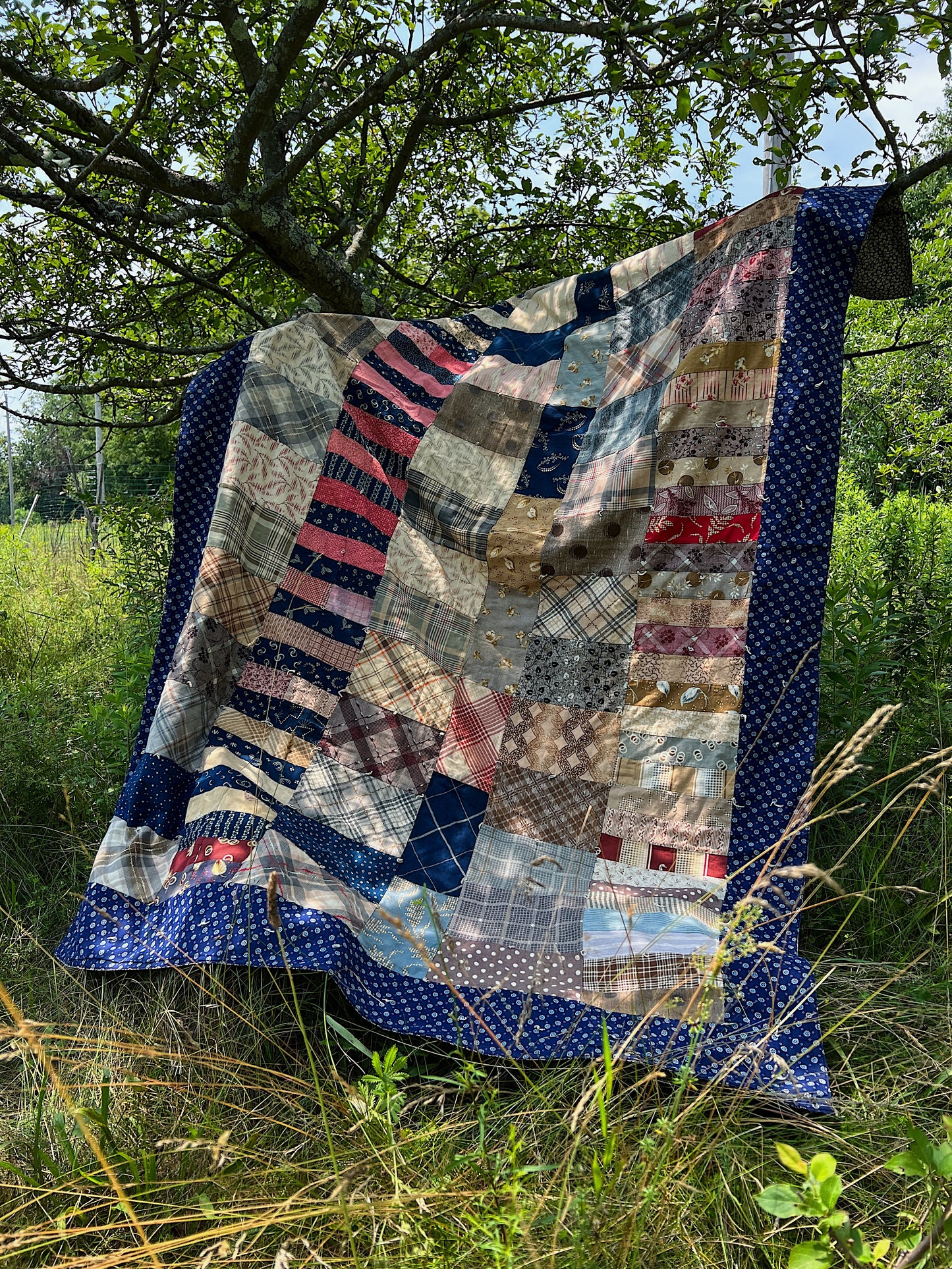 Antique Lightweight Hand-Tied Quilt With Lots Of Indigo Calico