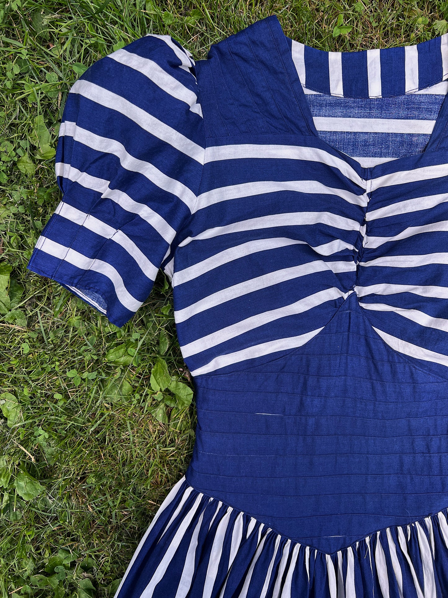 30s/40s Cotton Striped Navy & White Dress With Puff Sleeves & Pintucks