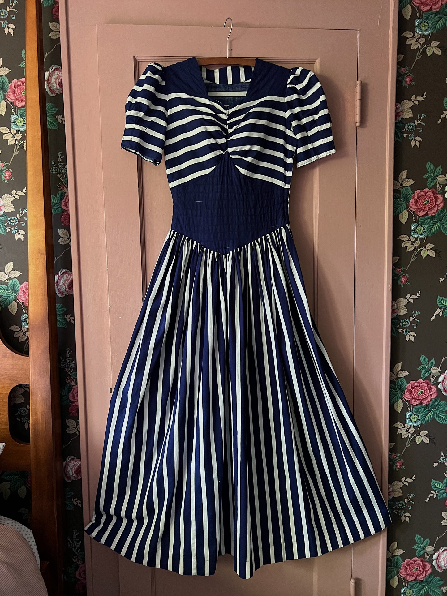 30s/40s Cotton Striped Navy & White Dress With Puff Sleeves & Pintucks