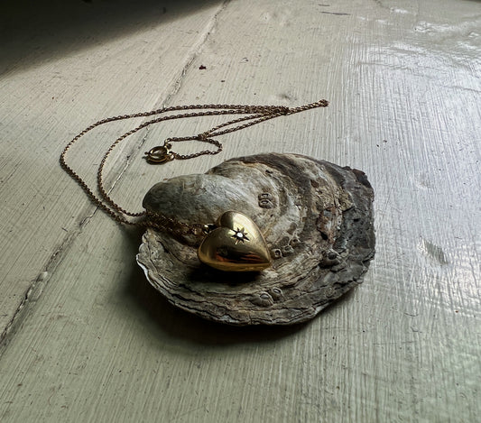 Edwardian Era 14k Gold Puffed Heart Pendant on 14k Gold Chain, Stamped B.A.B
