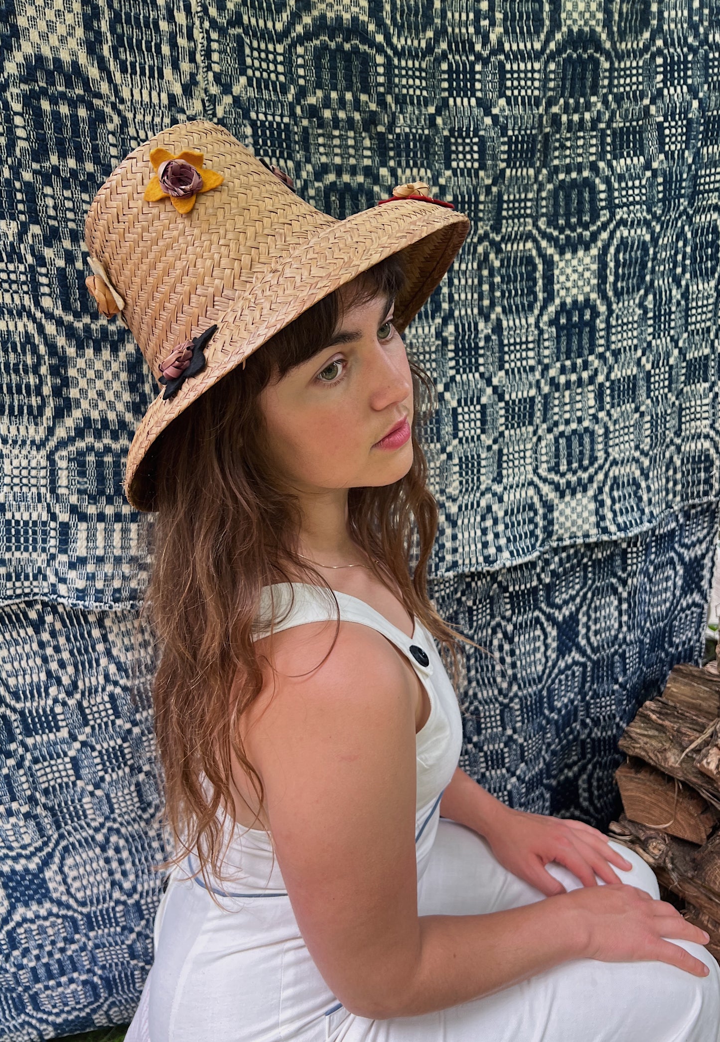 Antique Straw Hat With Felt Star Details