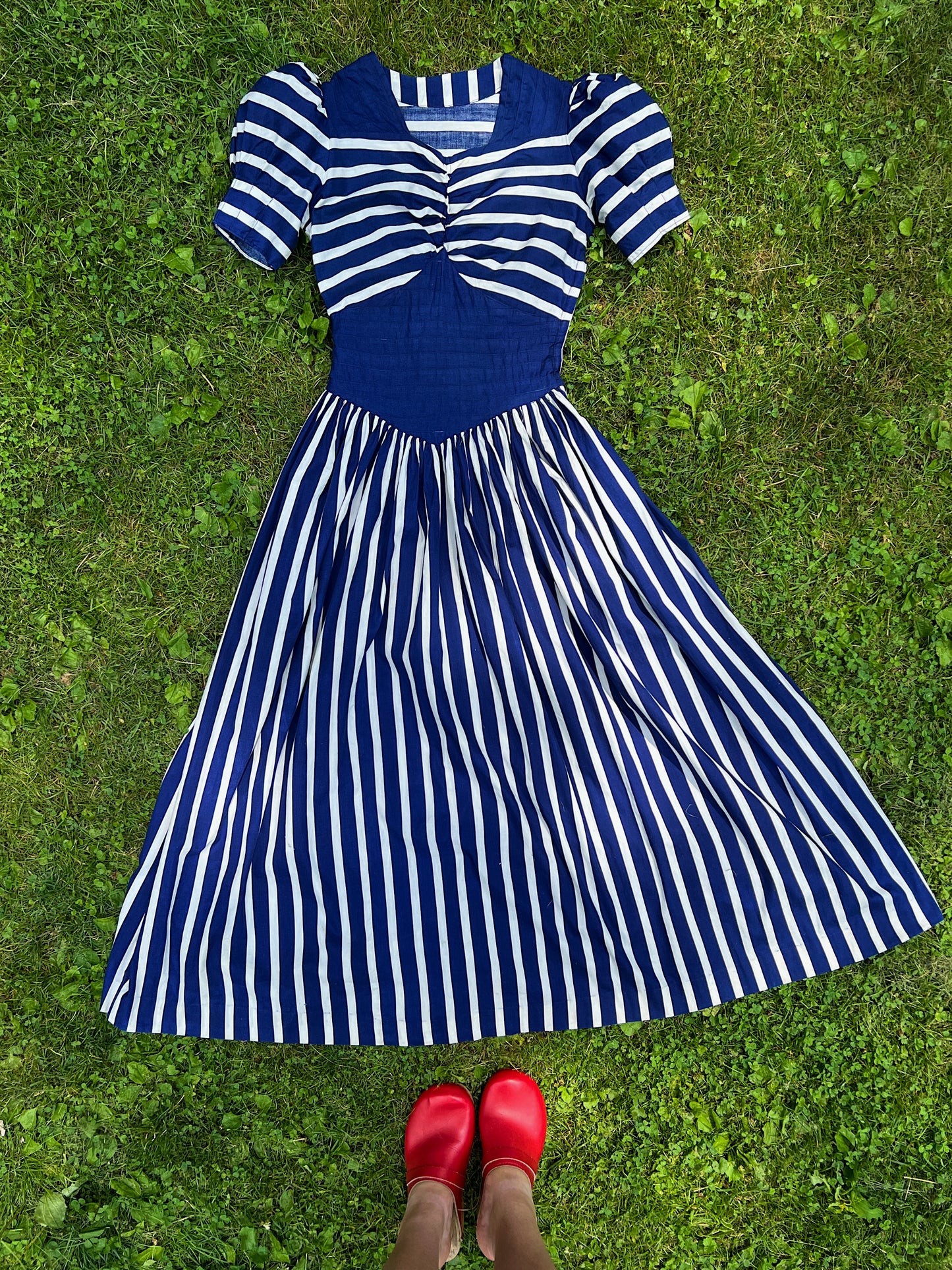 30s/40s Cotton Striped Navy & White Dress With Puff Sleeves & Pintucks