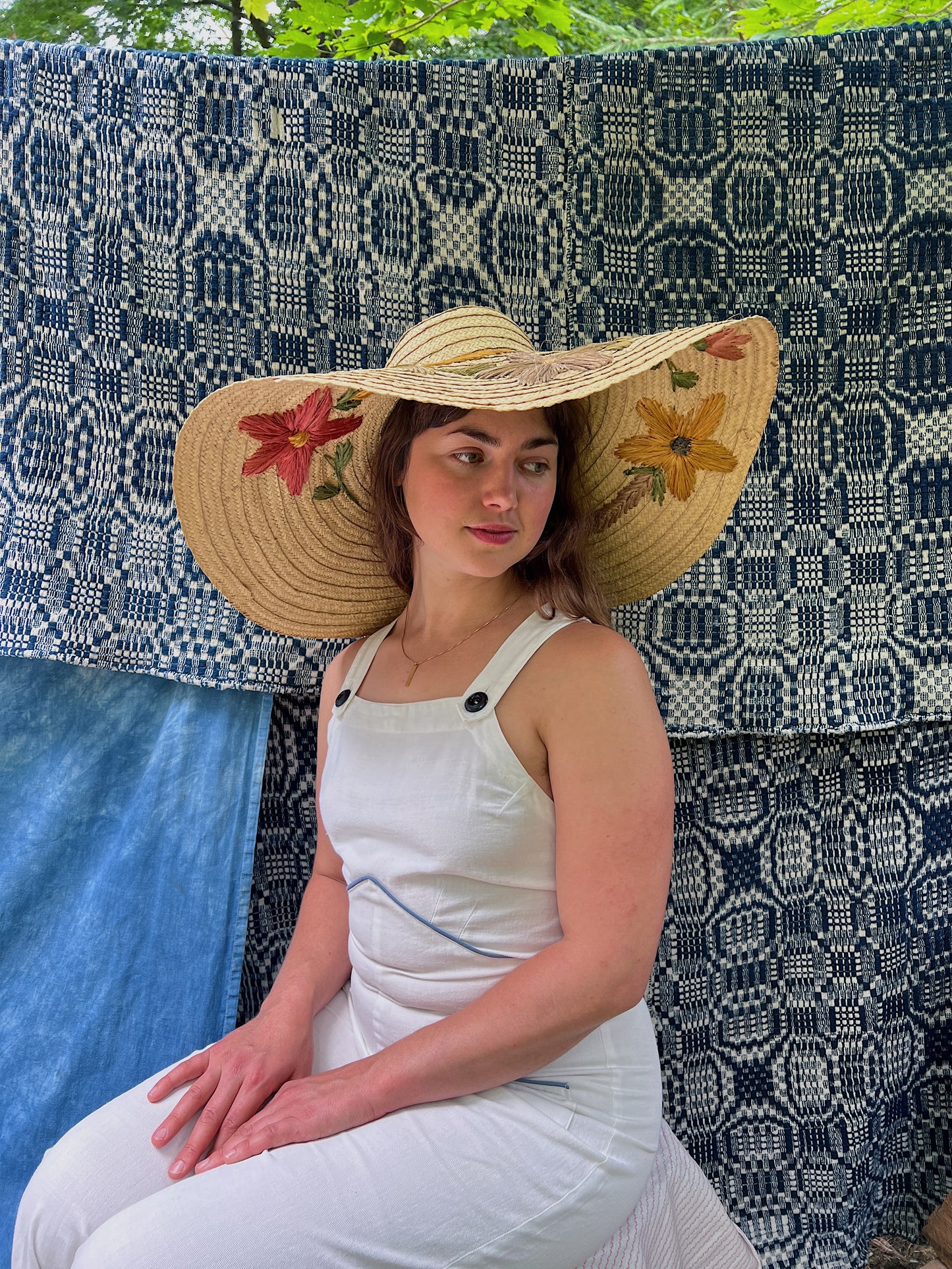 Huge 1940s Straw Floppy Sun Hat With Floral Embroidery