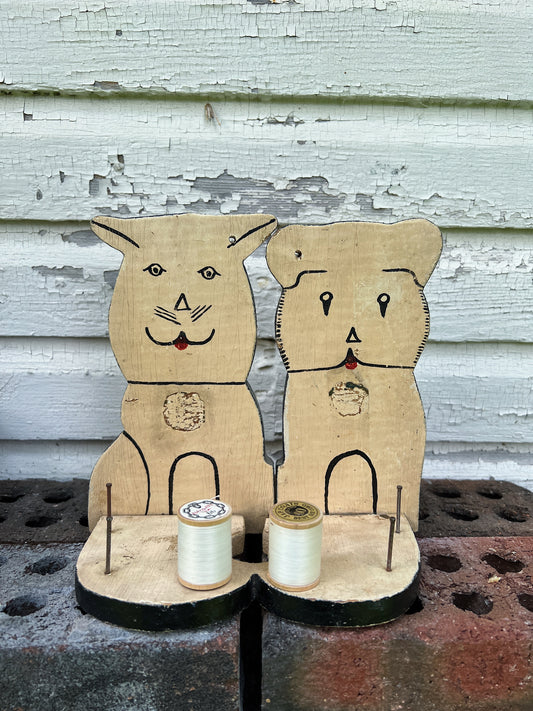 Folk Art Wood Puppy & Kitty Thread Spool Holder