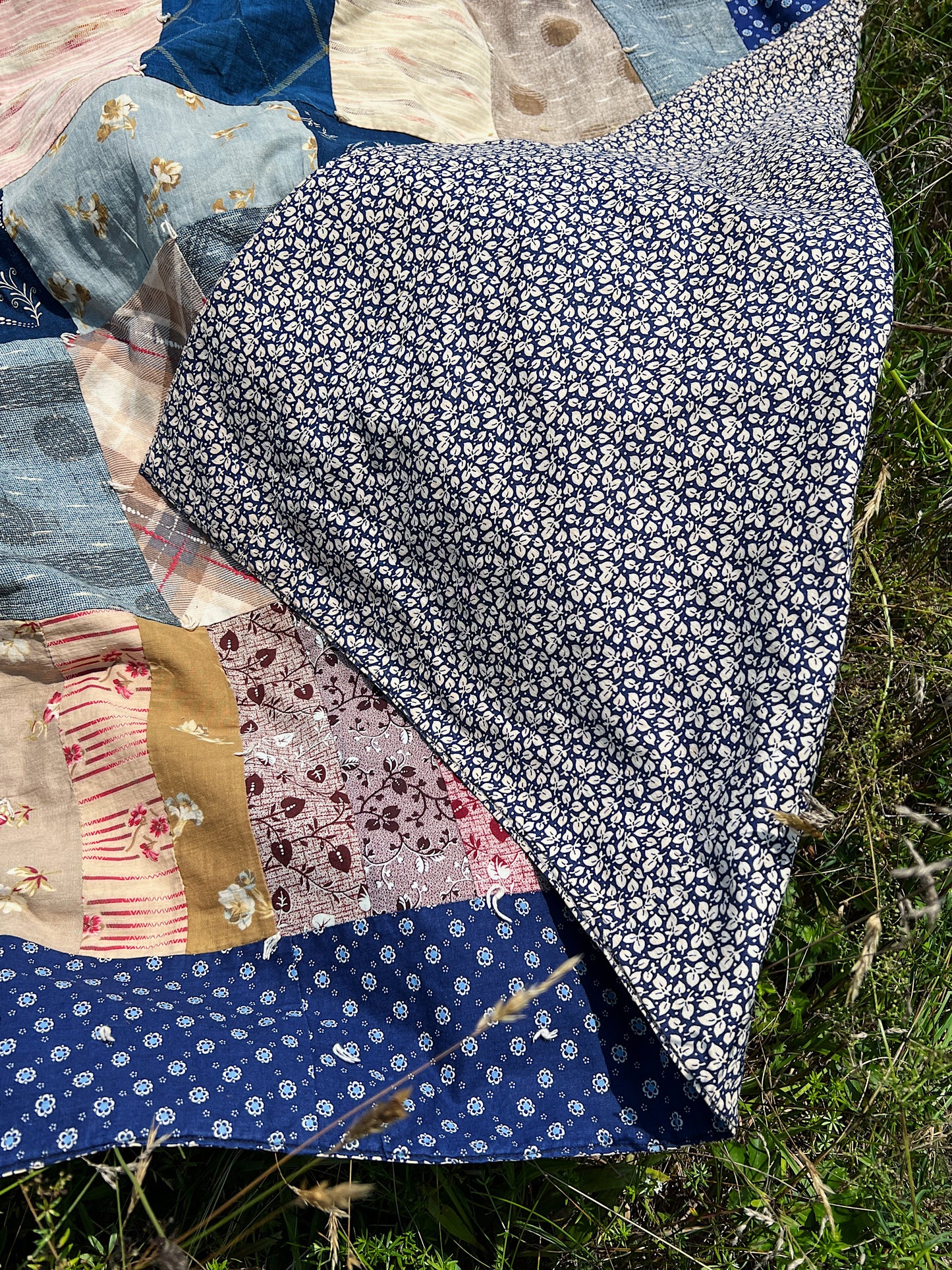Antique Lightweight Hand-Tied Quilt With Lots Of Indigo Calico