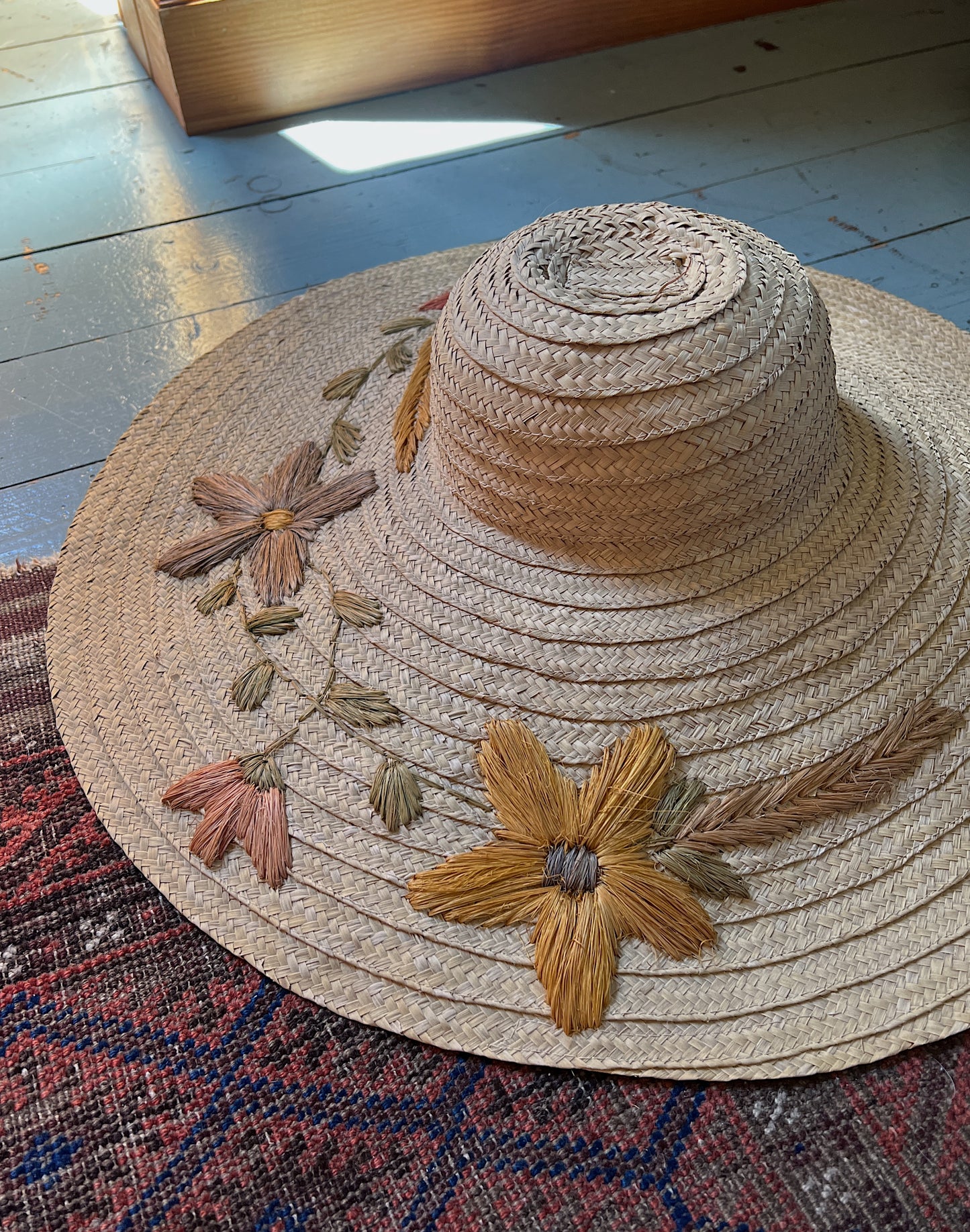 Huge 1940s Straw Floppy Sun Hat With Floral Embroidery