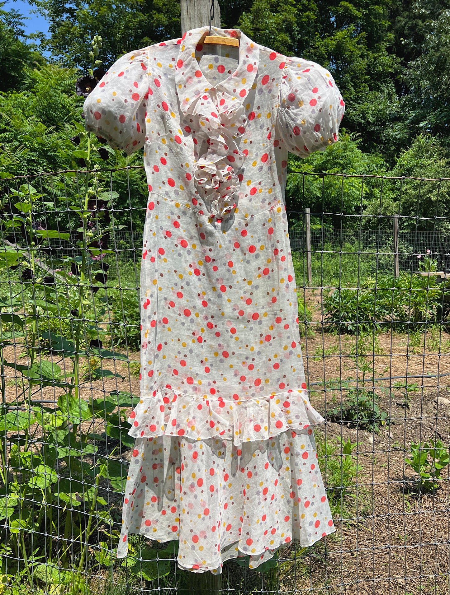 1930s Sheer Organza Full-Length Day Dress With Super Puffed Sleeves & Ruffles