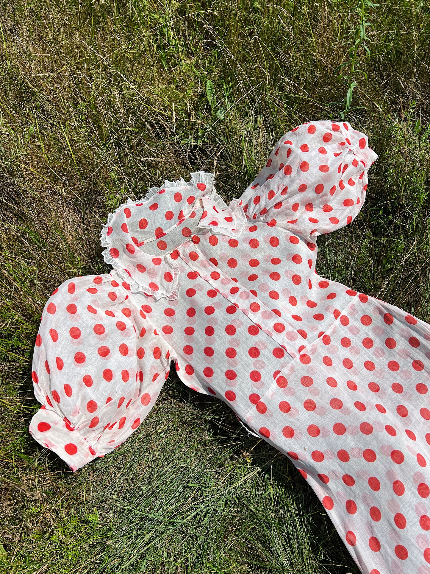 1930s Full Length Sheer Organza Polka Dot Day Dress With Super Puff Sleeves