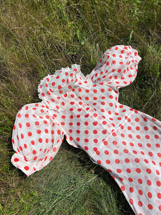 1930s Full Length Sheer Organza Polka Dot Day Dress With Super Puff Sleeves