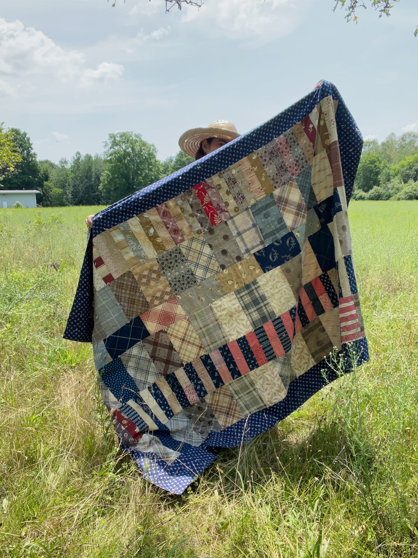 Antique Lightweight Hand-Tied Quilt With Lots Of Indigo Calico